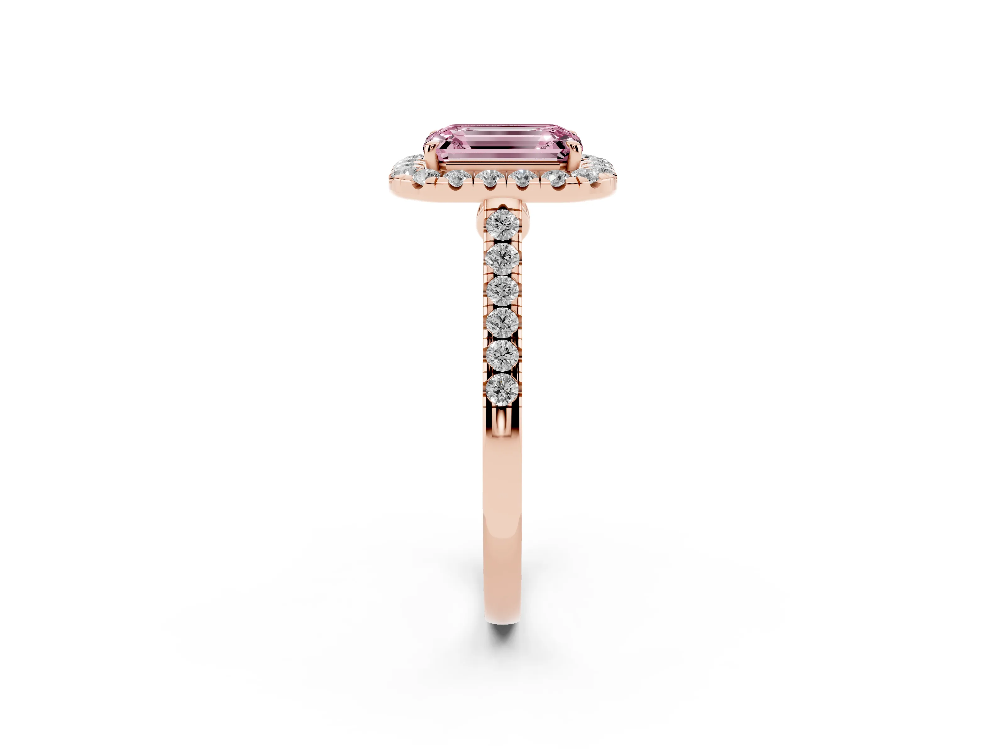 Fancy Pink Emerald Cut Diamond Halo Pavé Engagement Ring Set in Rose gold with Prong Setting