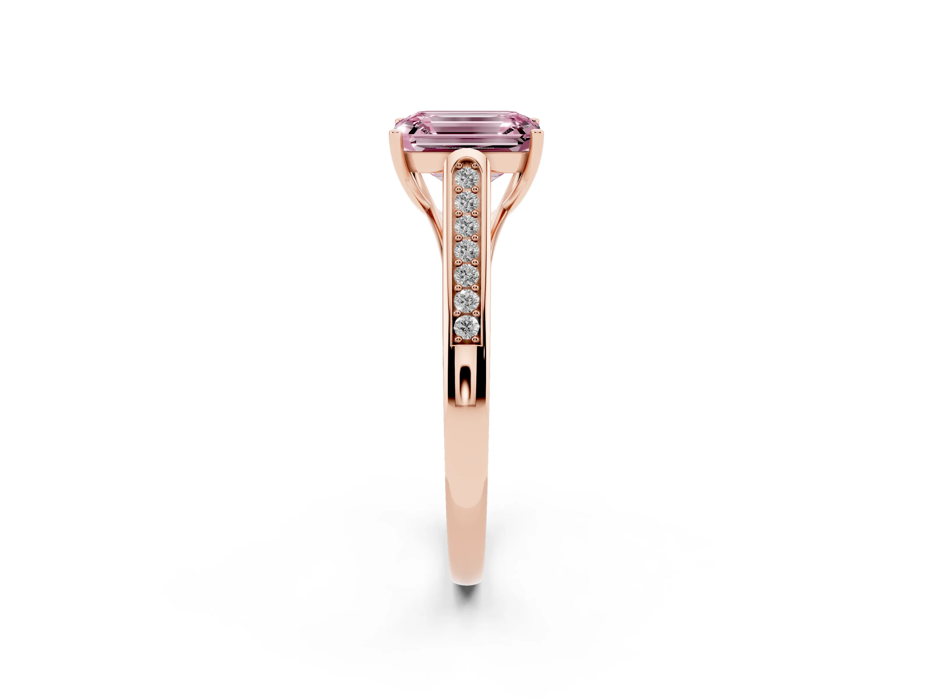 Fancy Pink Emerald Cut Diamond Solitaire Cathedral Engagement Ring Set in Rose gold with Channel-Set Band and Prong Setting