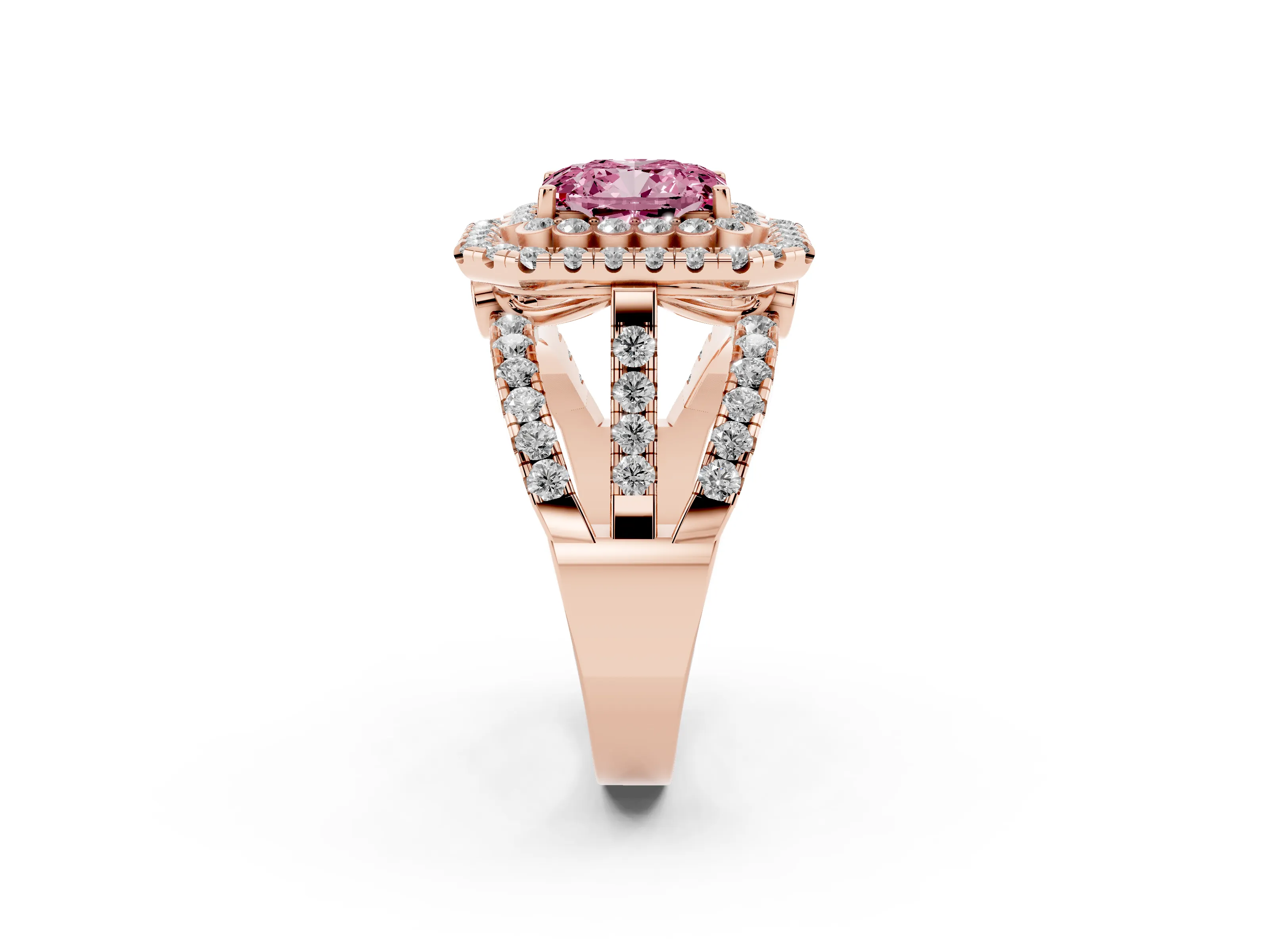Fancy Pink Emerald Cut Diamond Double Halo Ring Set in Rose gold with Round Pavé Split Shank