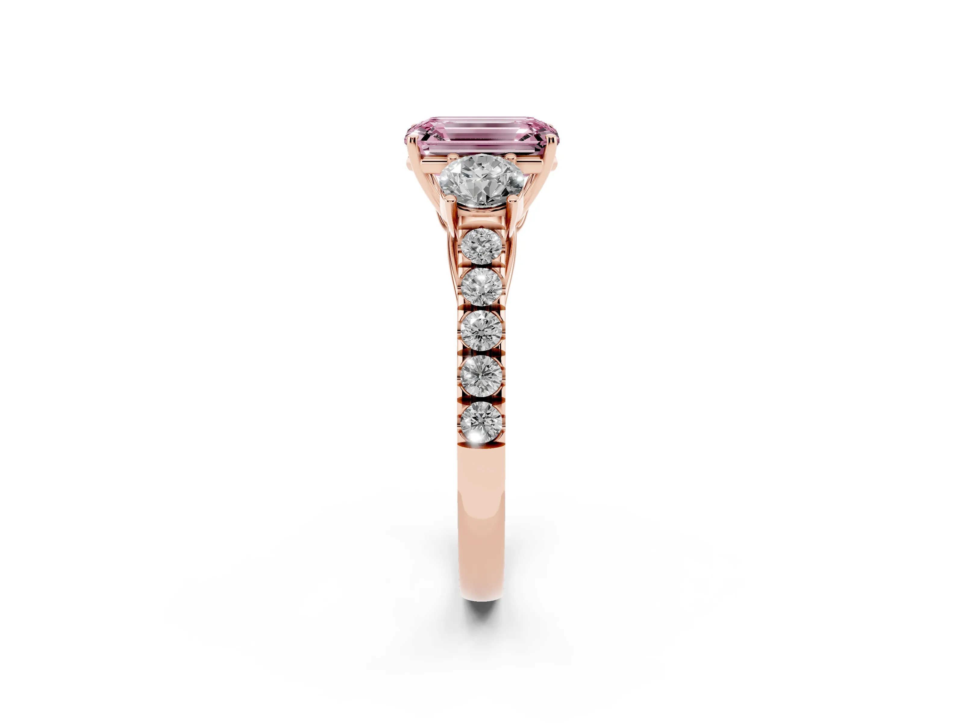 Fancy Pink Emerald Cut Diamond Three-Stone Ring Set in Rose gold with Round Side Stones and Delicate Pavé Band