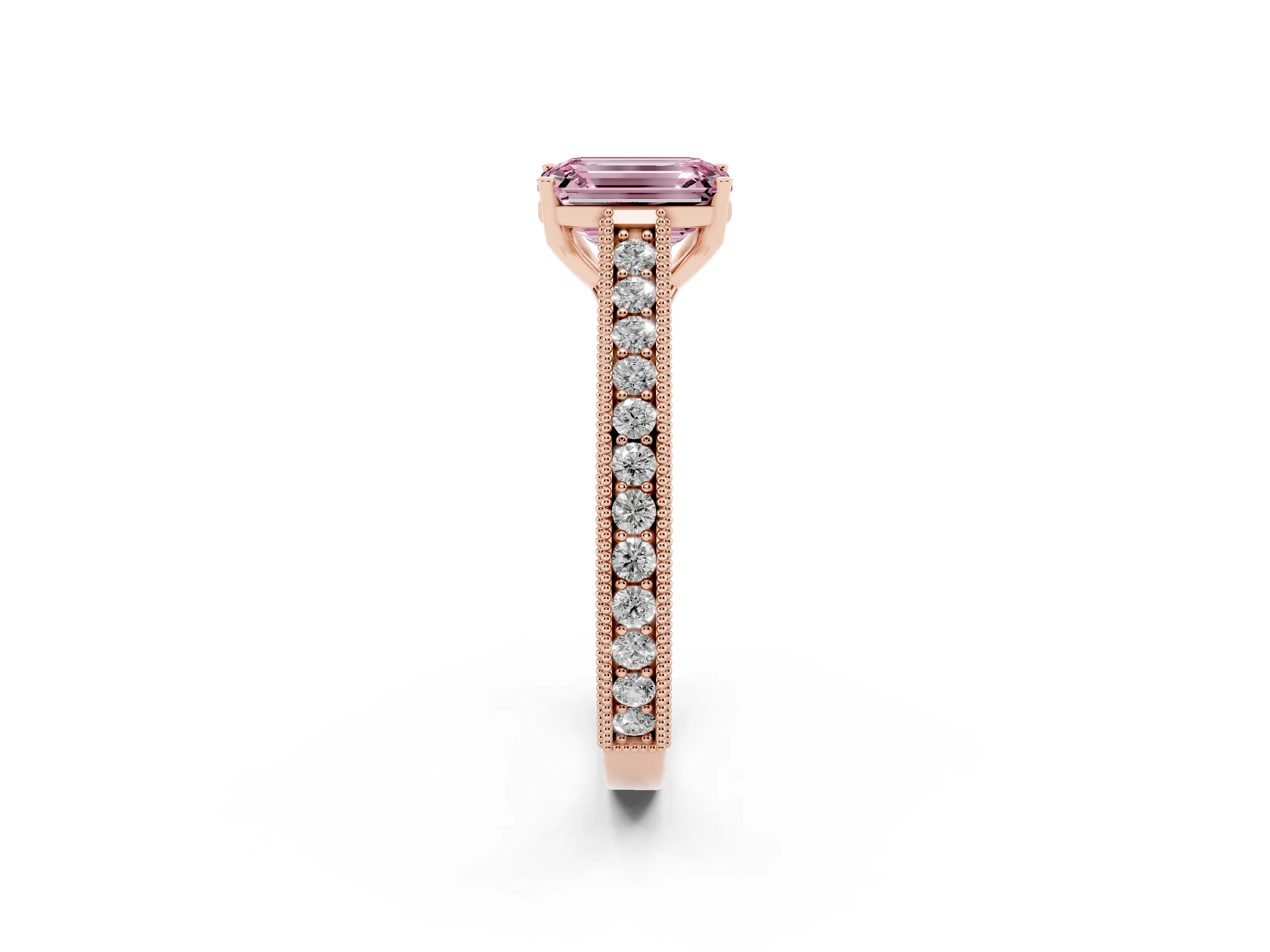 Fancy Pink Emerald Cut Diamond Milgrain Pavé Band Solitaire Ring Set in Rose gold with Prong Setting