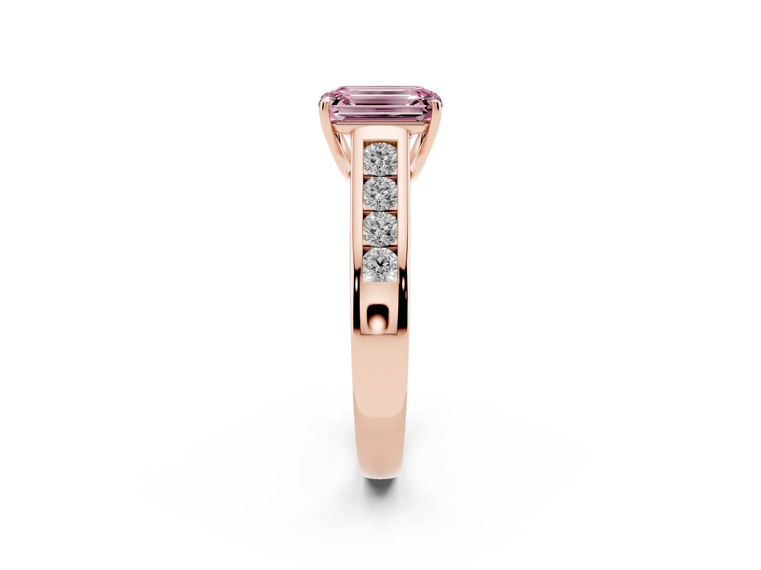 Fancy Pink Emerald Cut Diamond Brilliant Channel-Set Solitaire Ring Set in Rose gold with Prong Setting