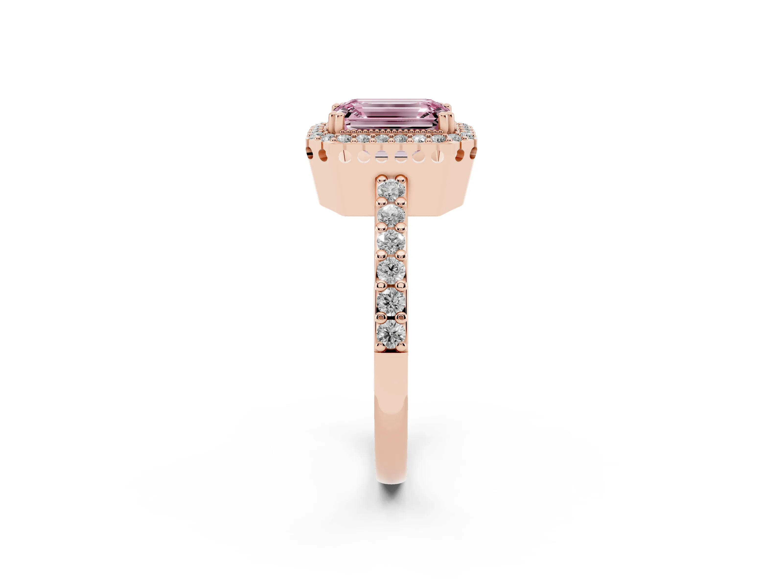Fancy Pink Emerald Cut Diamond Halo Engagement Ring Set in Rose gold with Milgrain Detail and Pavé Band