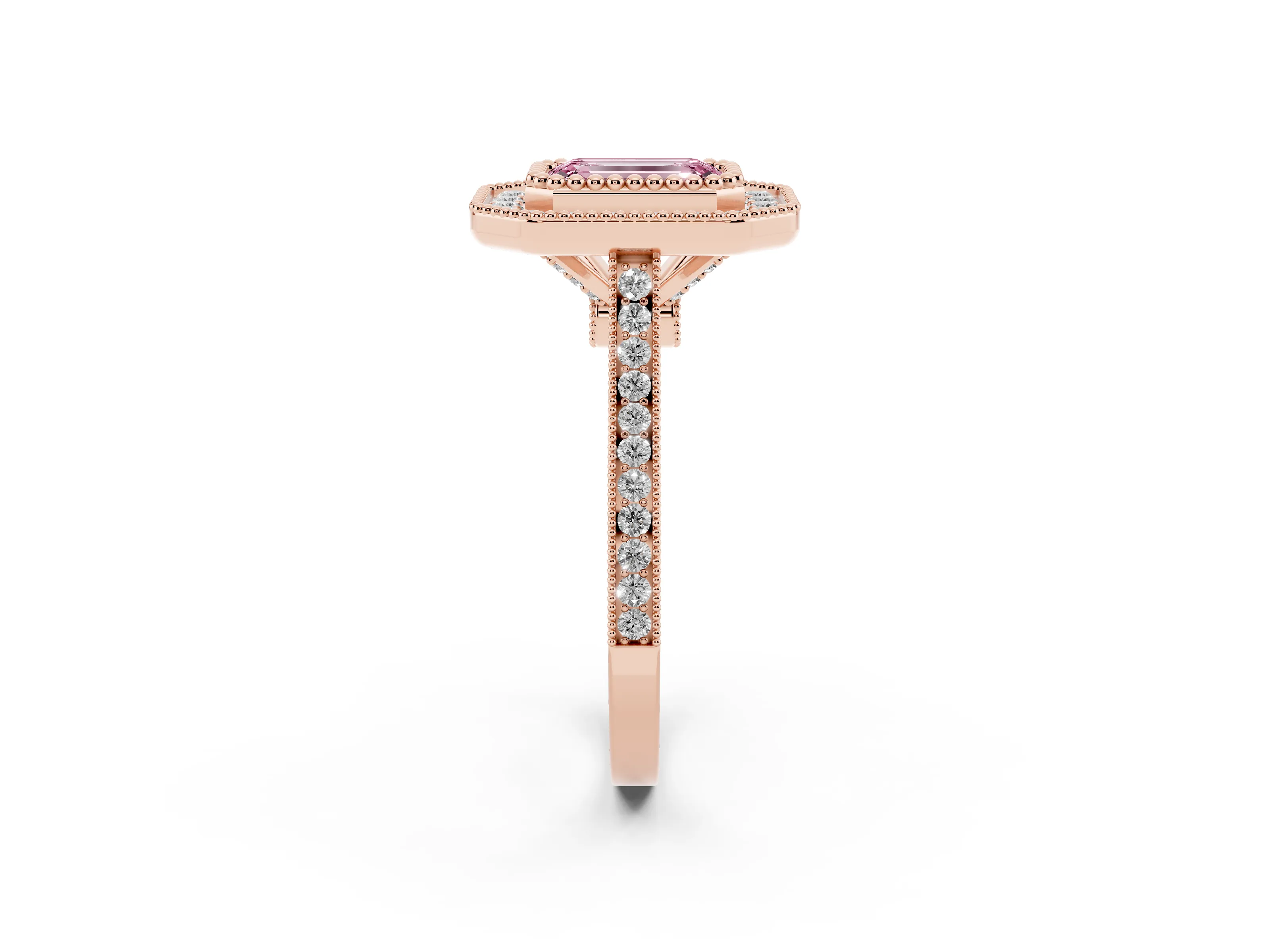 Fancy Pink Emerald Cut Diamond Halo Ring Set in Rose gold with Milgrain Frame and Pavé Band