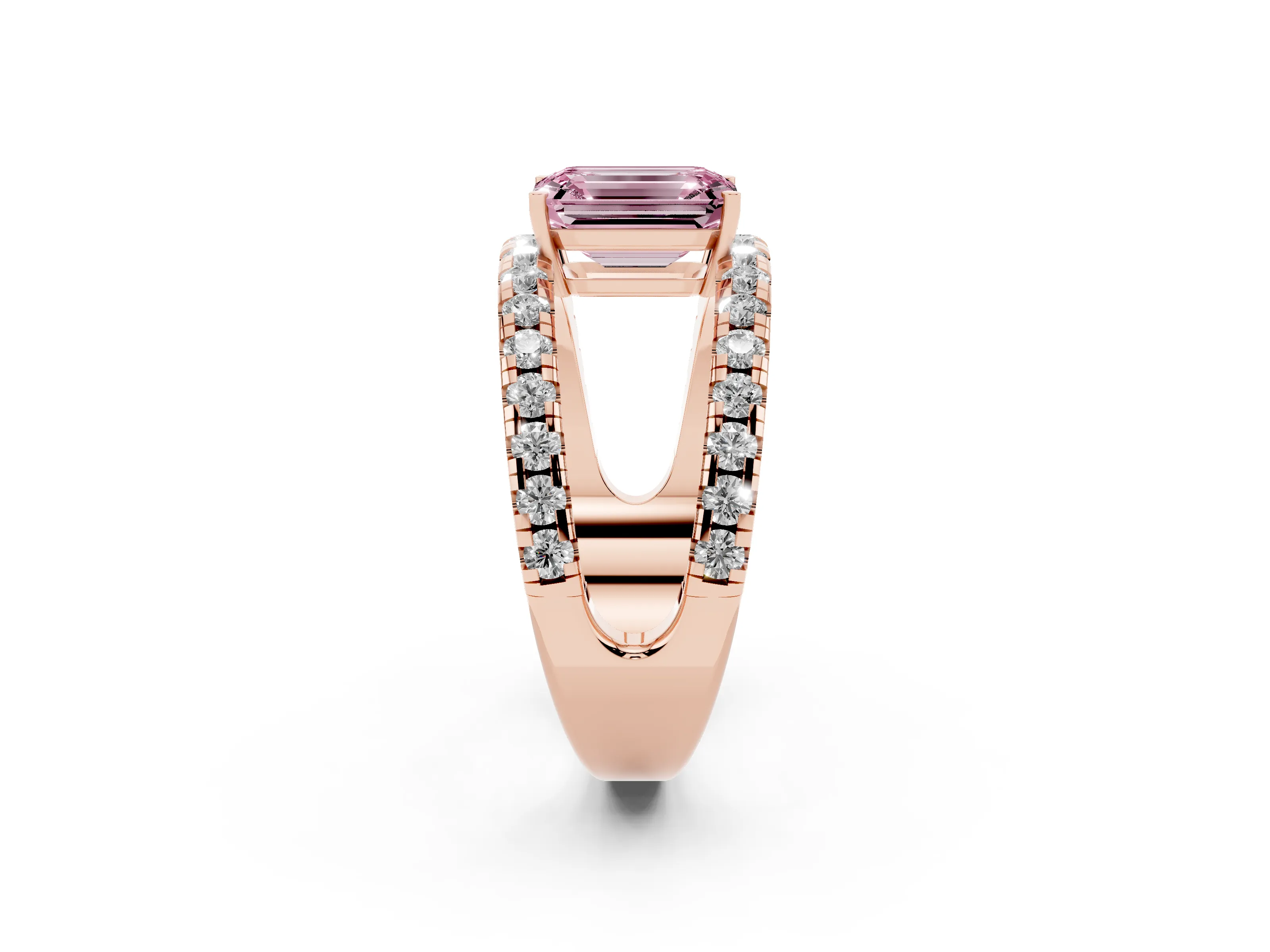 Fancy Pink Emerald Cut Diamond Split Shank Pavé Solitaire Ring Set in Rose gold with Open Shank Design