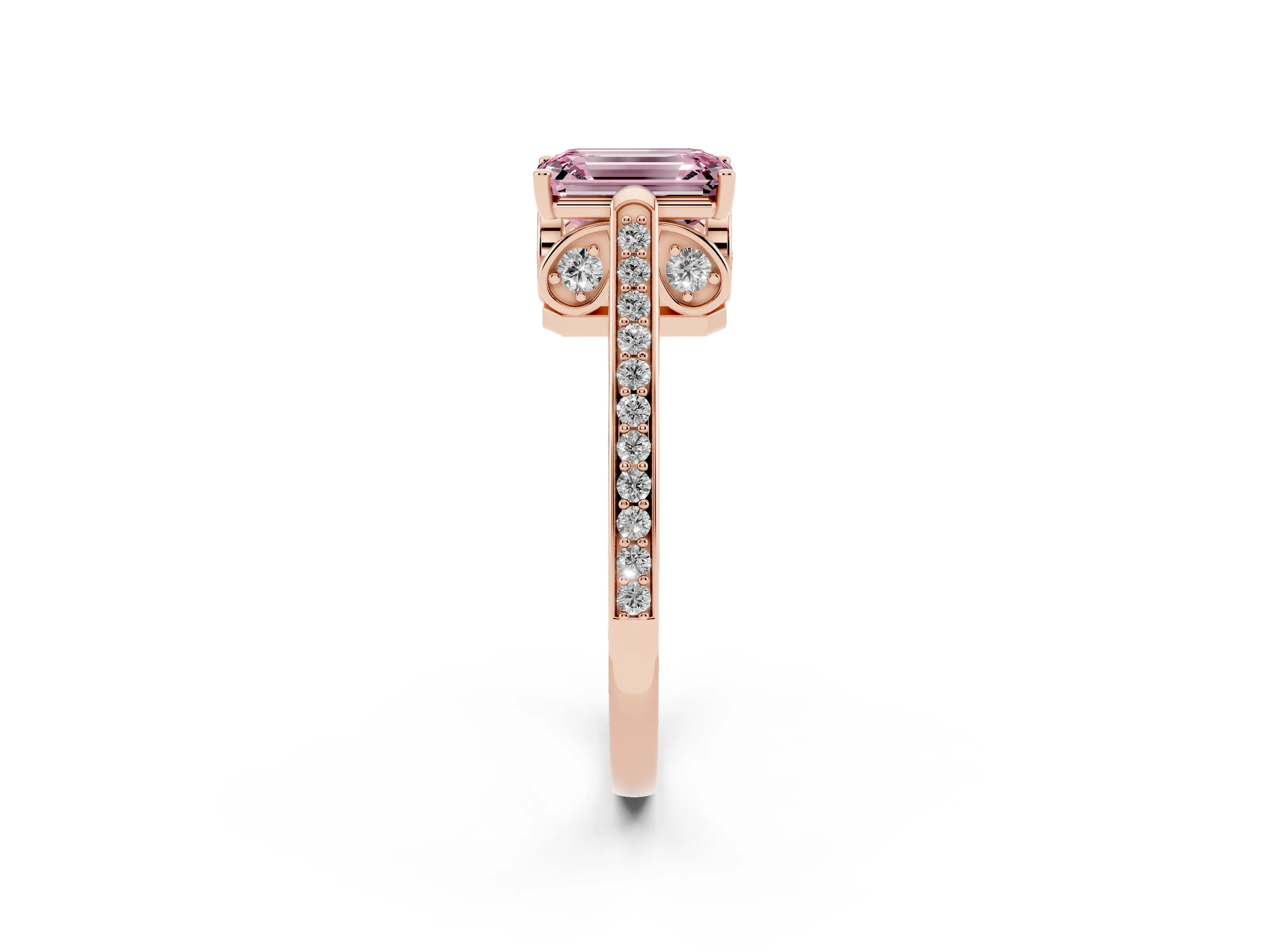 Fancy Pink Emerald Cut Diamond Cathedral Pavé Engagement Ring Set in Rose gold with Prong Setting