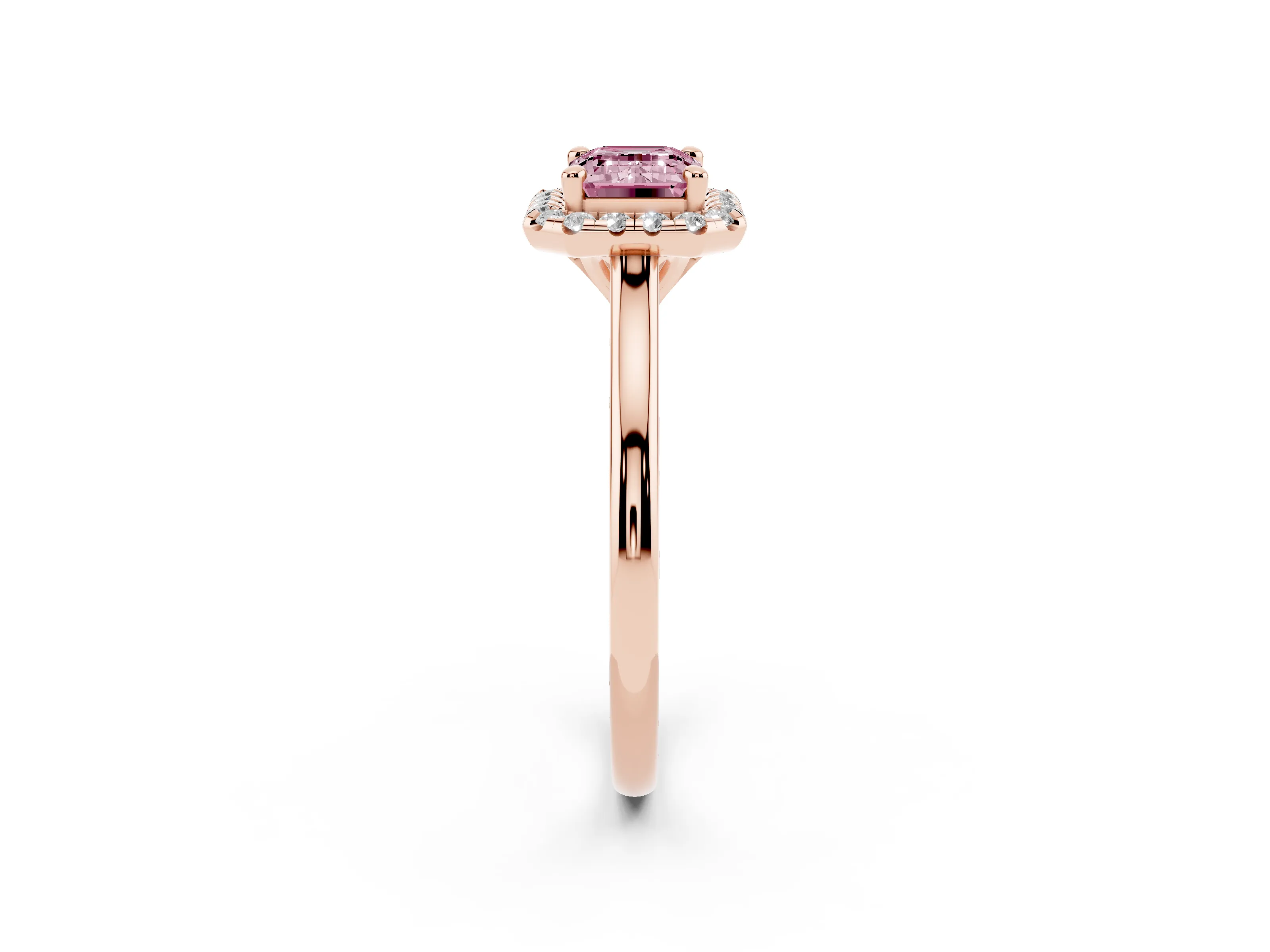 Fancy Pink Emerald Cut Diamond Halo Engagement Ring Set in Rose gold with Pavé Band and Rising Shoulders
