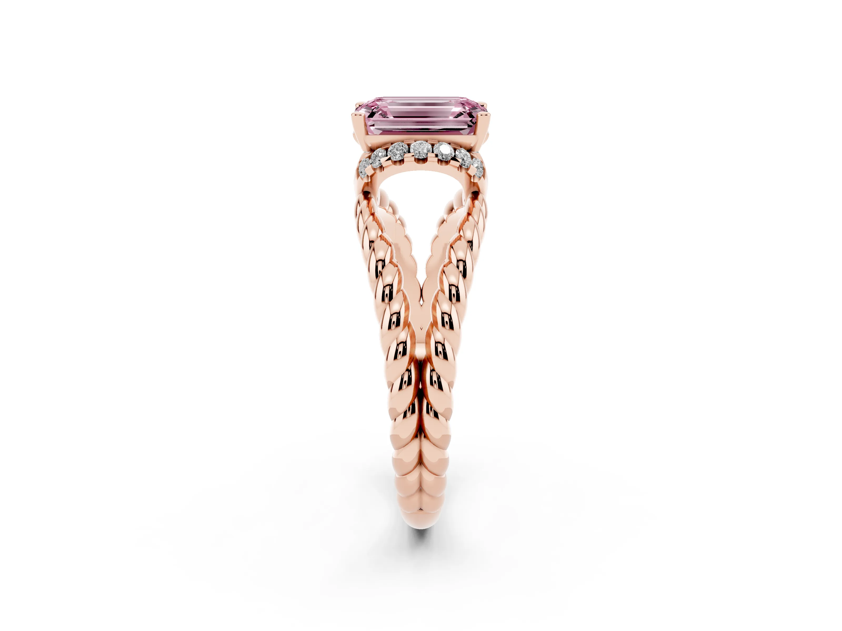 Fancy Pink Emerald Cut Diamond Halo Ring Set in Rose gold with Twisted Band and Prong Setting
