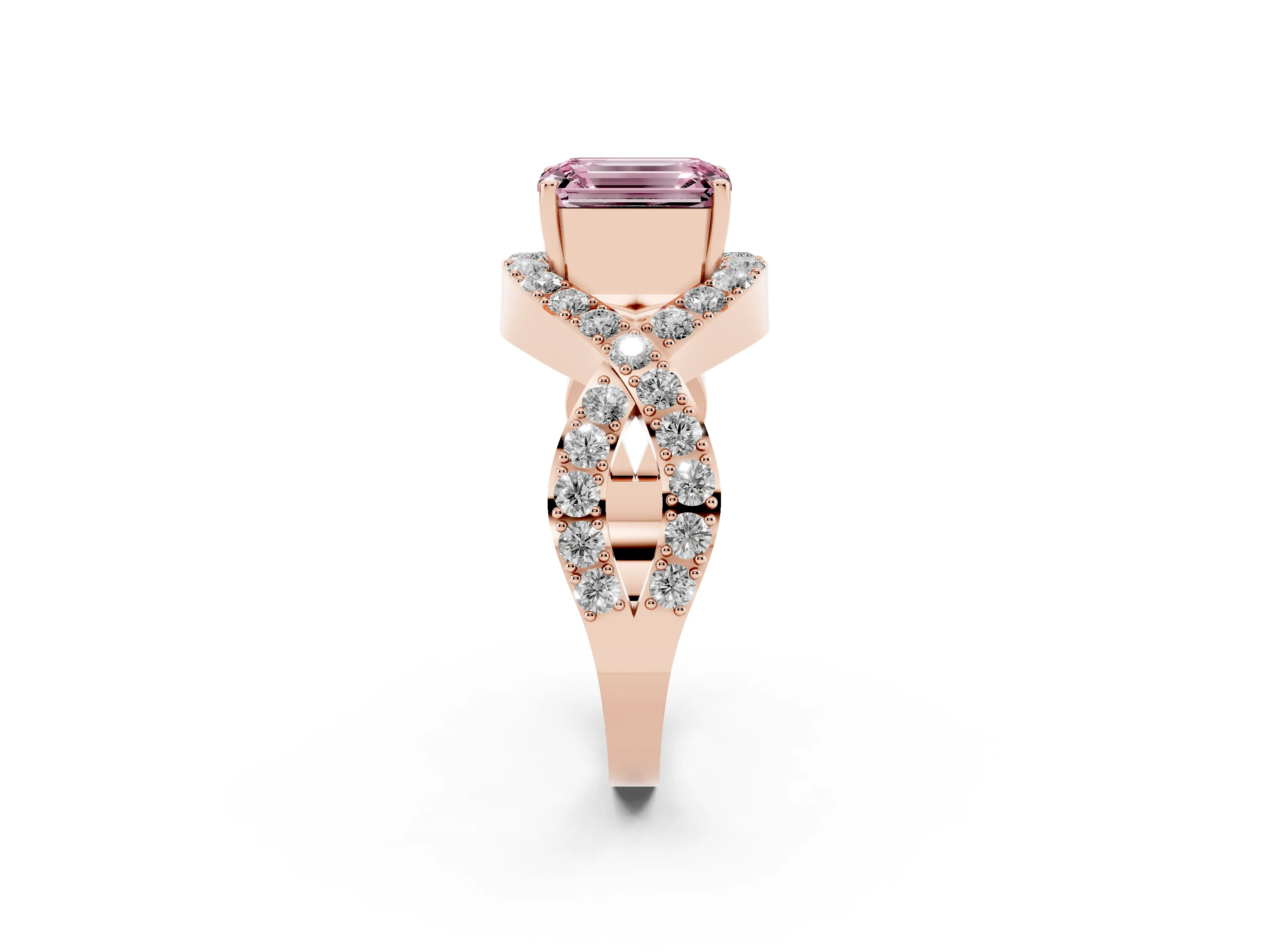 Fancy Pink Emerald Cut Diamond Solitaire Twist Band Pavé Engagement Ring Set in Rose gold