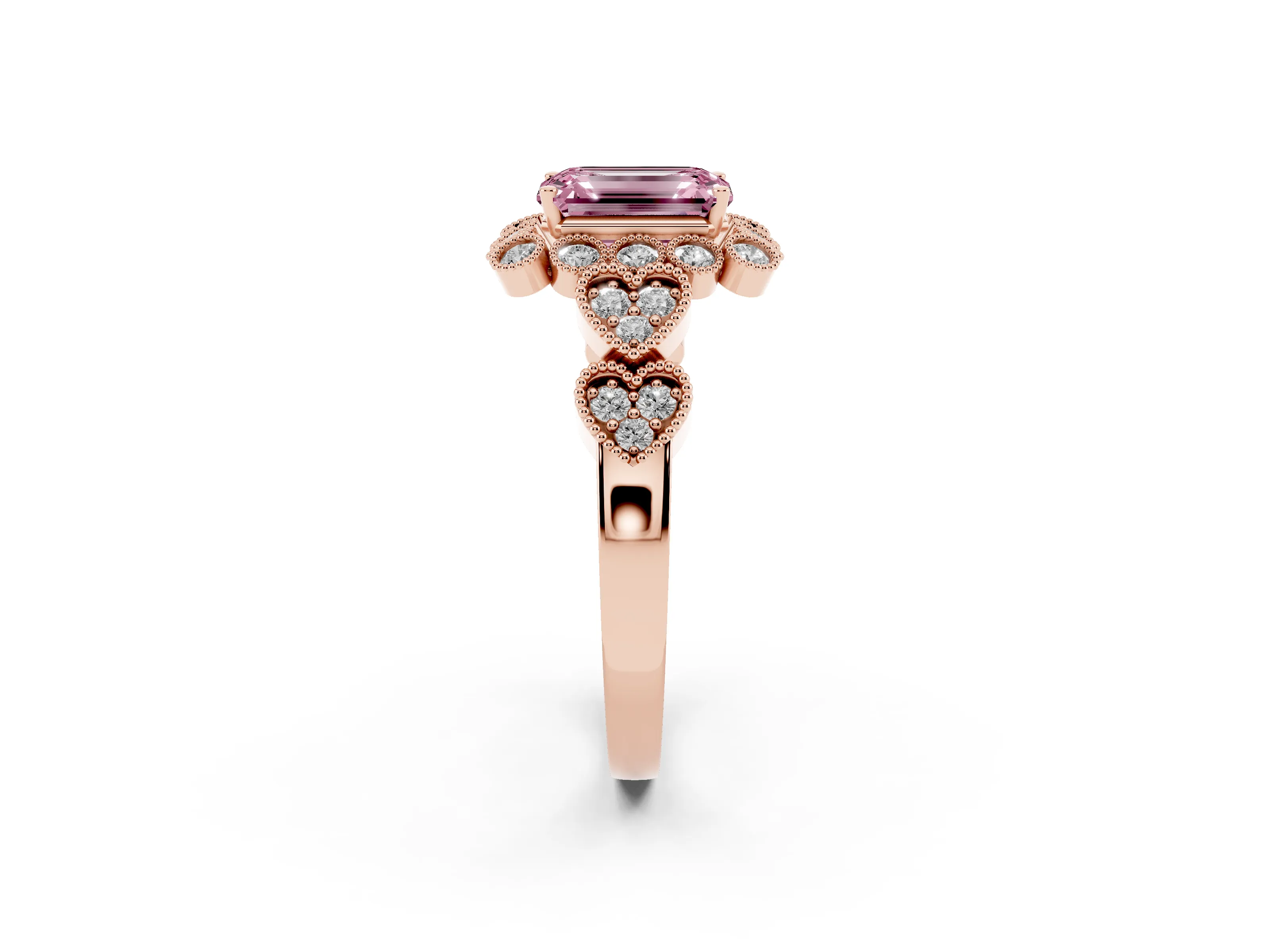 Fancy Pink Emerald Cut Diamond Solitaire Ring Set in Rose gold with Milgrain Pavé Heart Band