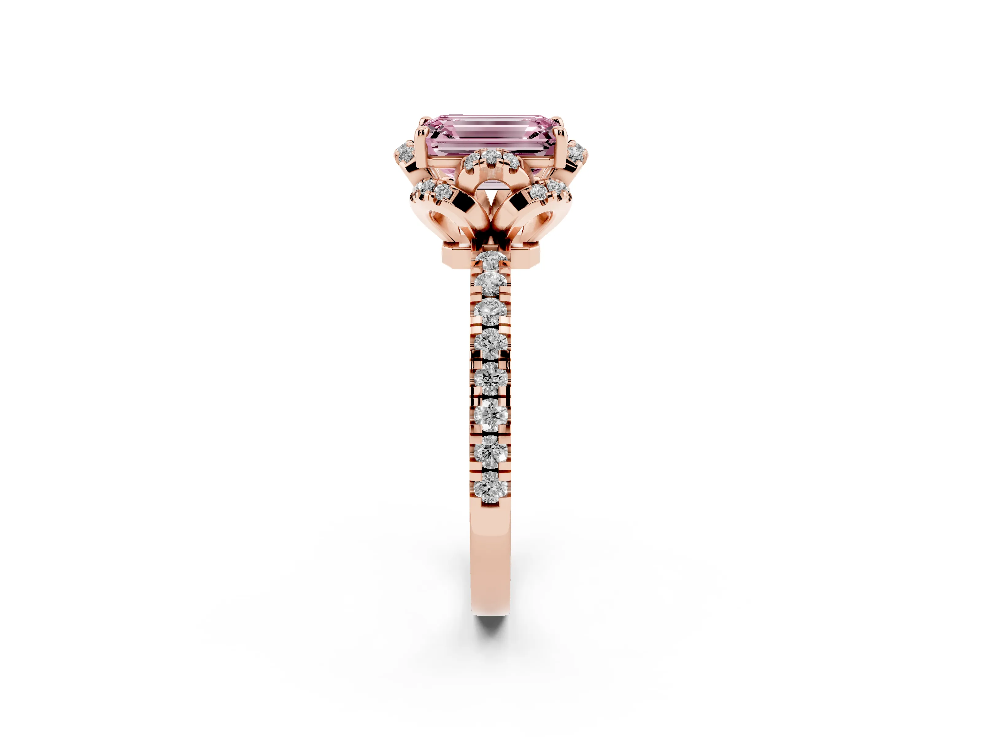 Fancy Pink Emerald Cut Diamond Halo Pavé Band Ring Set in Rose gold with Prong-Held Center