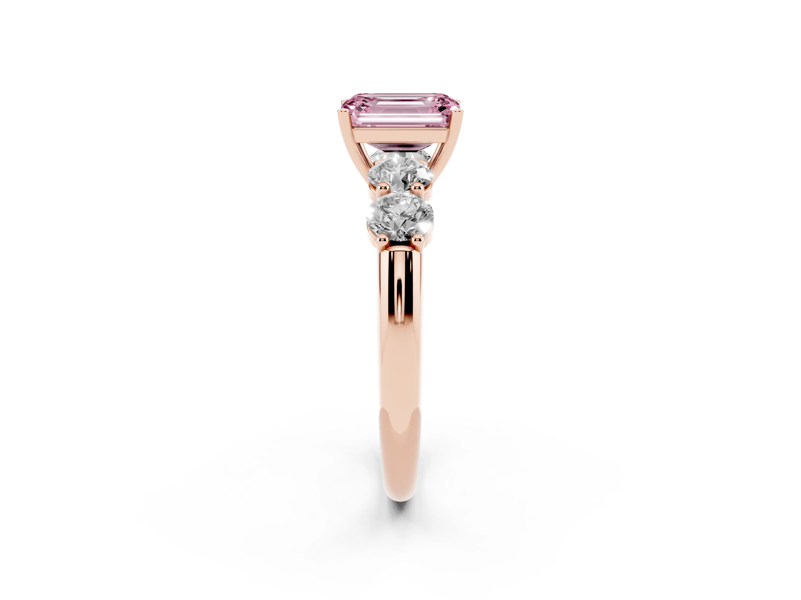 Fancy Pink Emerald Cut Diamond Five-Stone Prong Set Ring Set in Rose gold with Classic Band