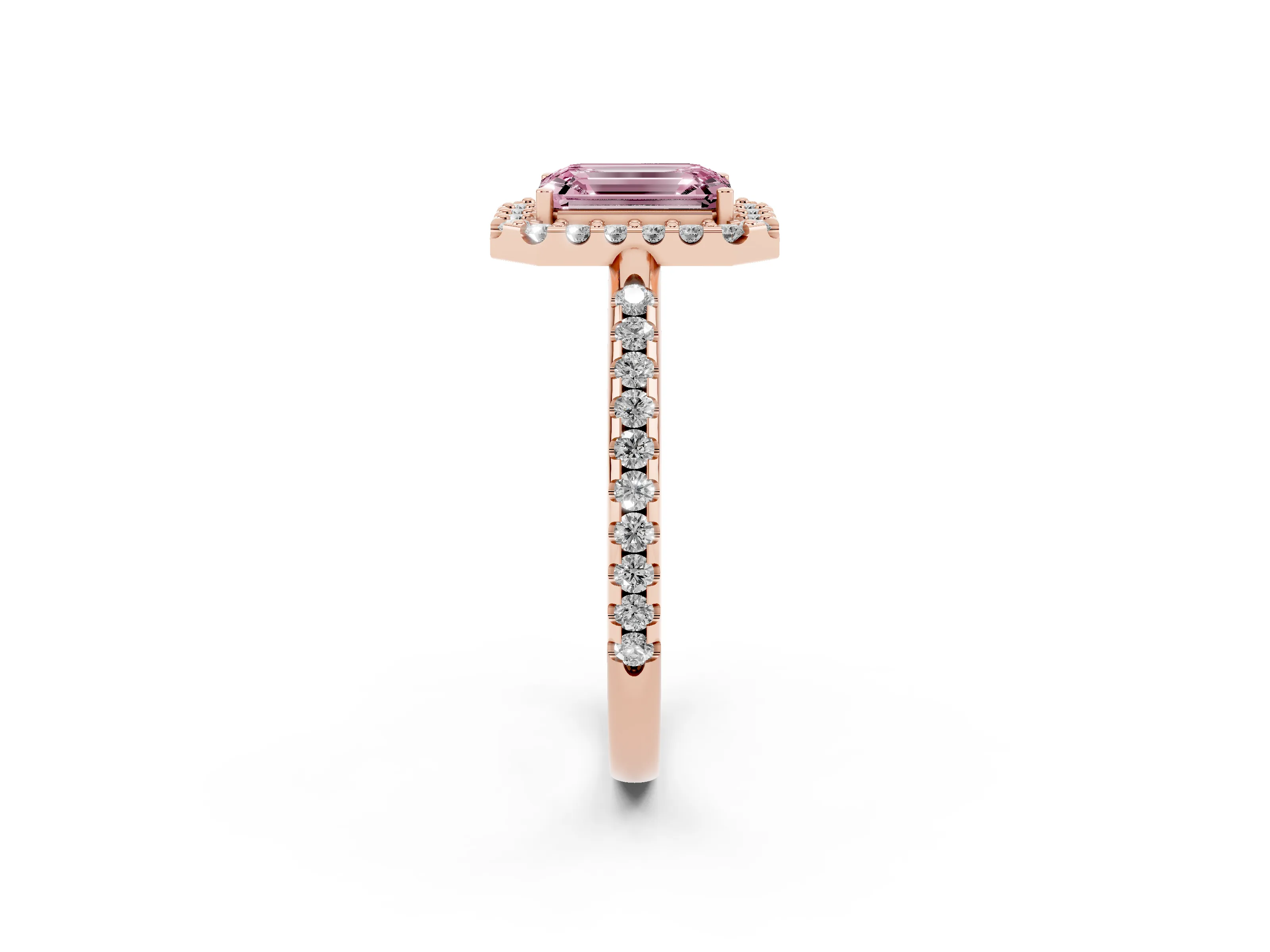 Fancy Pink Emerald Cut Diamond Pavé Halo Ring Set in Rose gold with Prong Setting