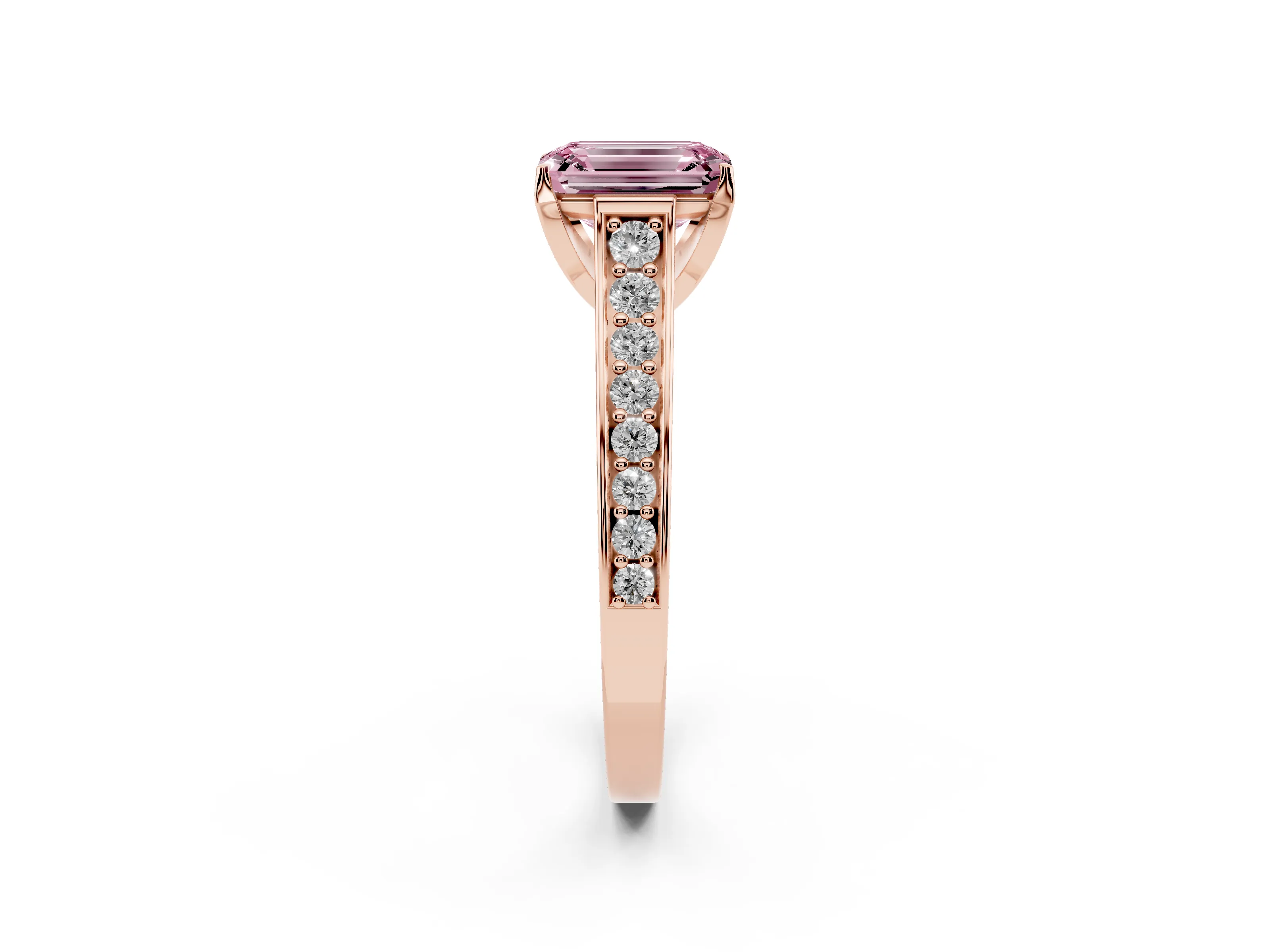 Fancy Pink Emerald Cut Diamond Solitaire Pavé Engagement Ring Set in Rose gold with Prong Setting