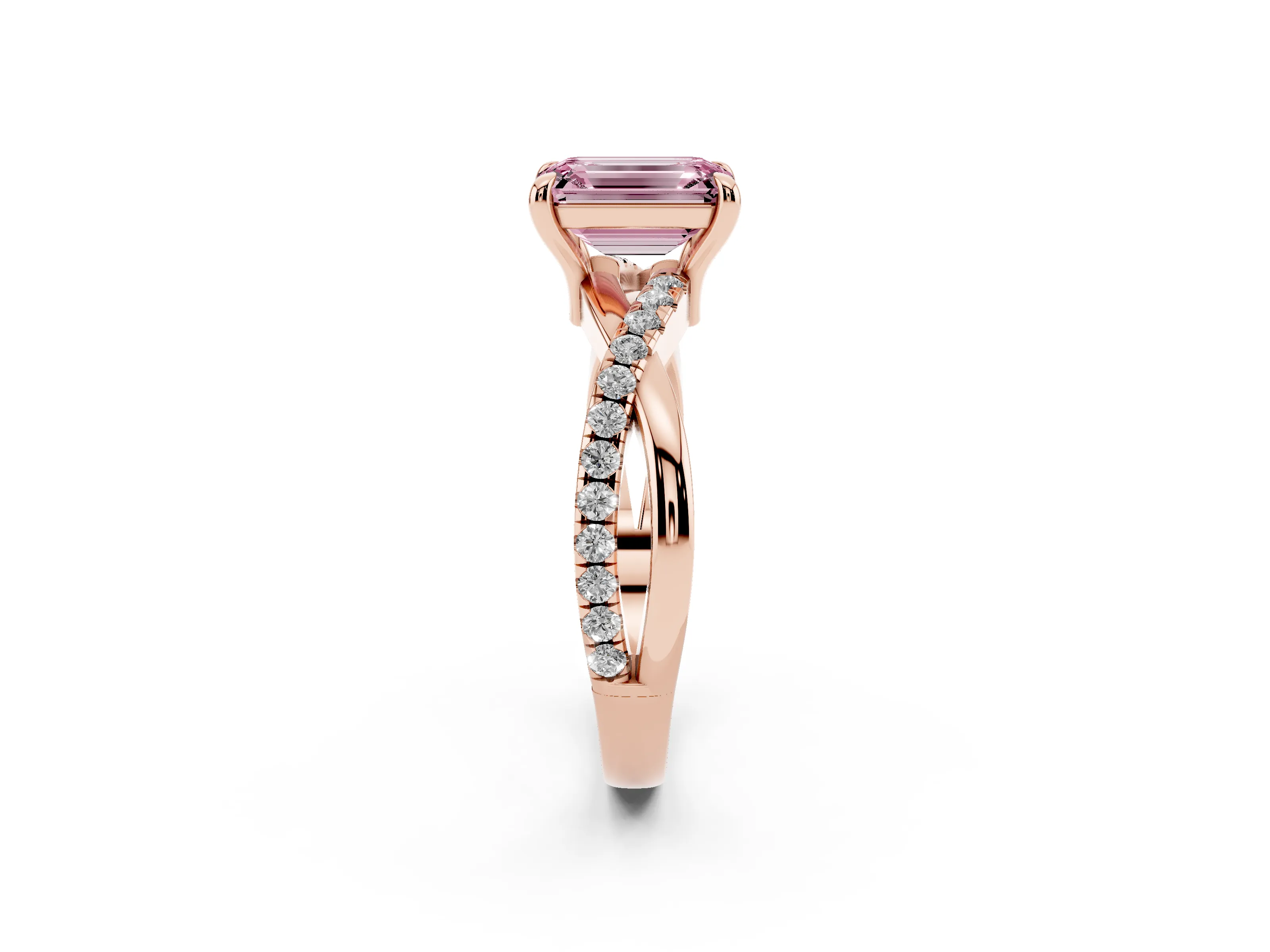 Fancy Pink Emerald Cut Diamond Twist Band Solitaire Set in Rose gold with Pavé Accents and Prong Setting