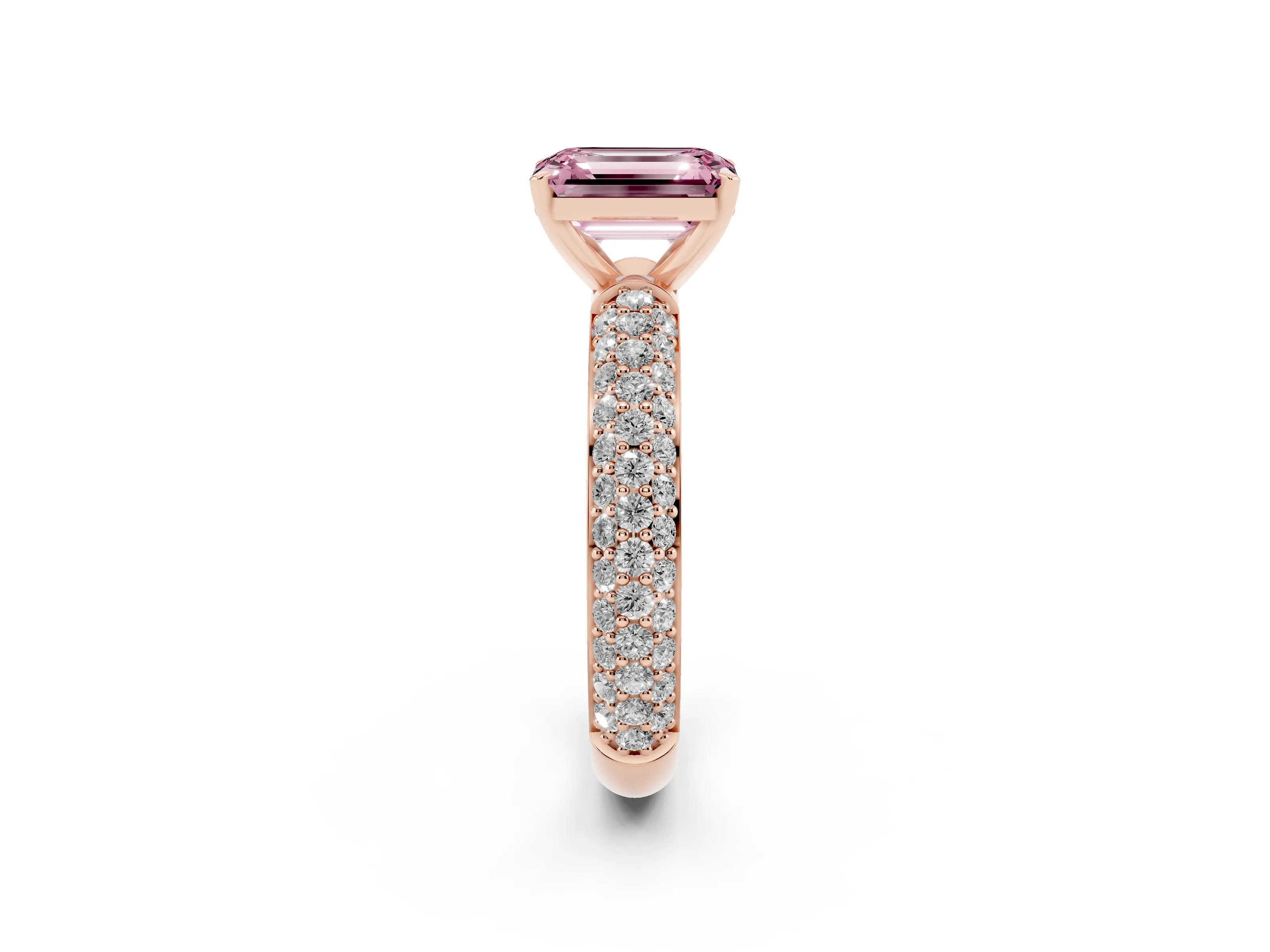Fancy Pink Emerald Cut Diamond Solitaire Ring Set in Rose gold with Prong Setting and Pavé-Set Band