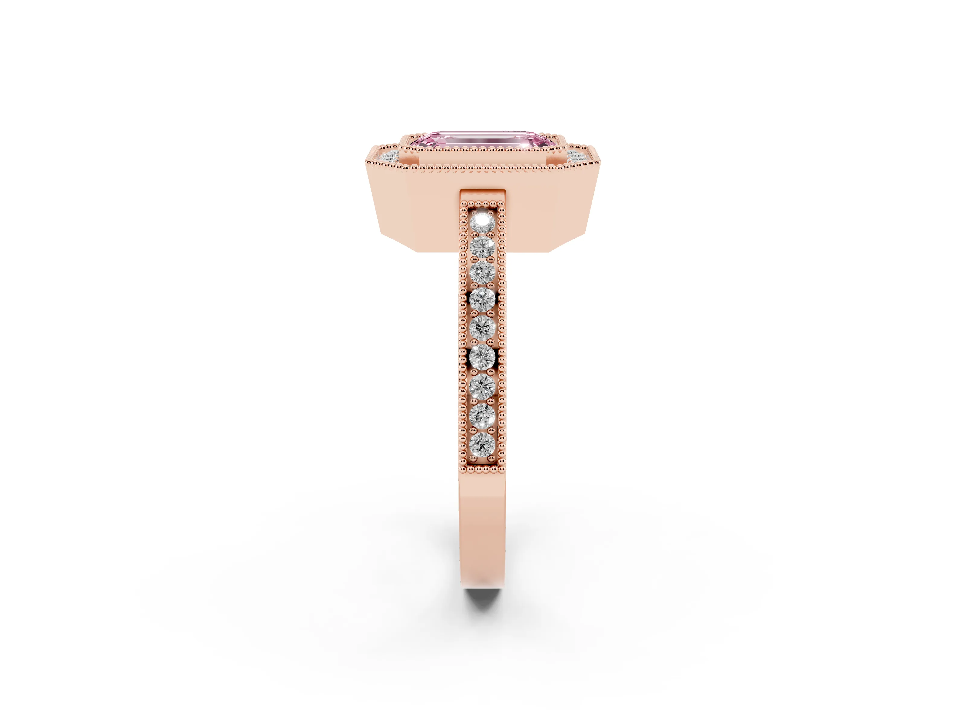 Fancy Pink Emerald Cut Diamond Halo Ring Set in Rose gold with Pavé Band and Milgrain-Edged Prongs