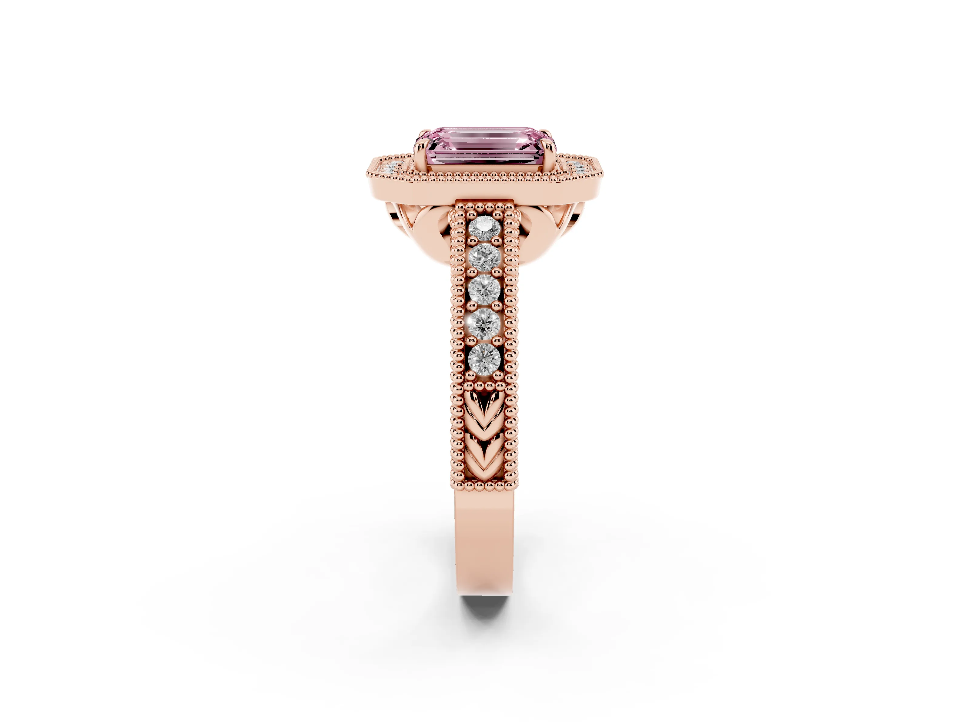 Fancy Pink Emerald Cut Diamond Halo Ring Set in Rose gold with Round Accent Halo, Pavé Band and Prong Setting