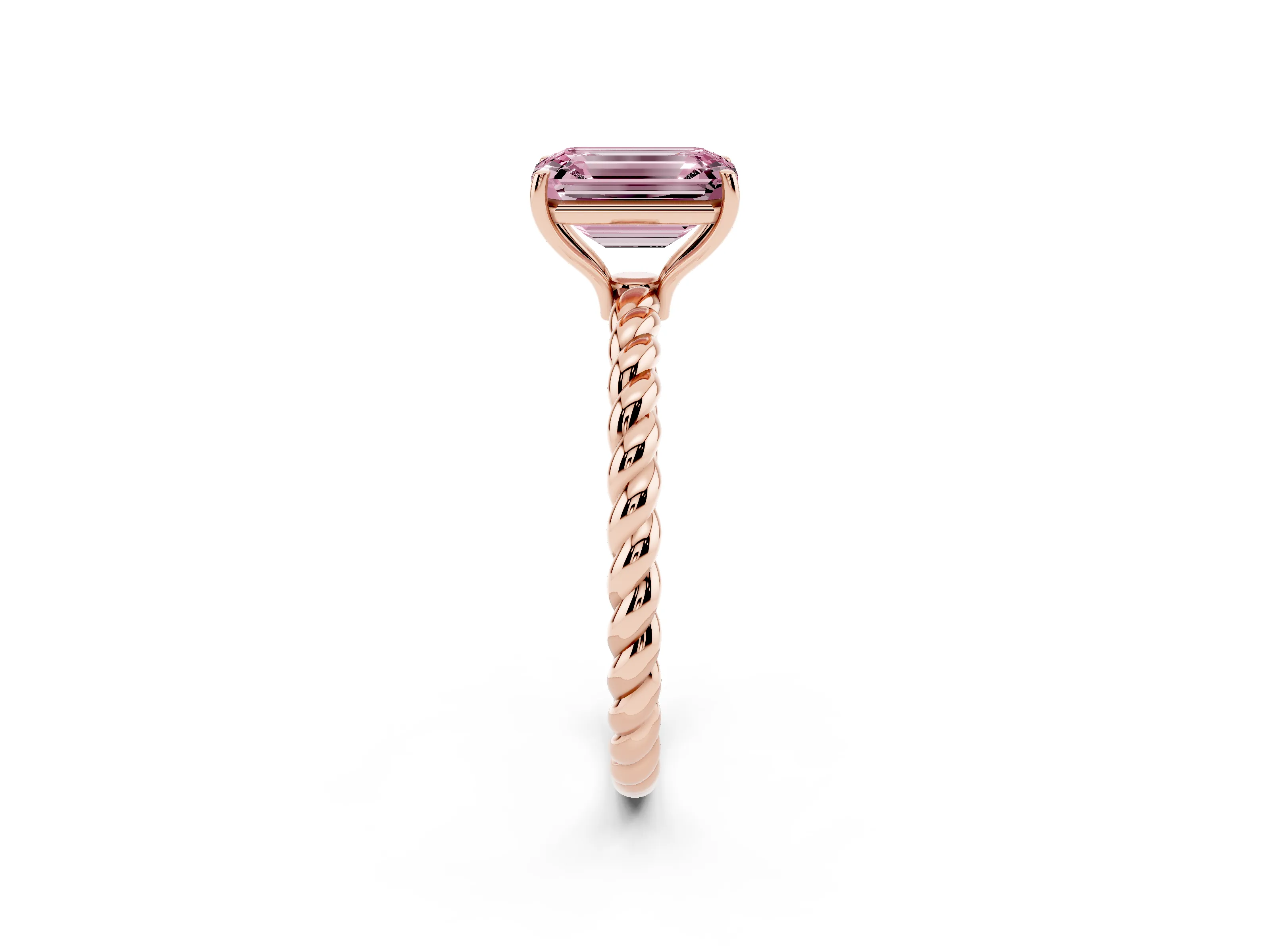 Fancy Pink Emerald Cut Diamond Solitaire Ring Set in Rose gold with Twist Band and Prong Setting