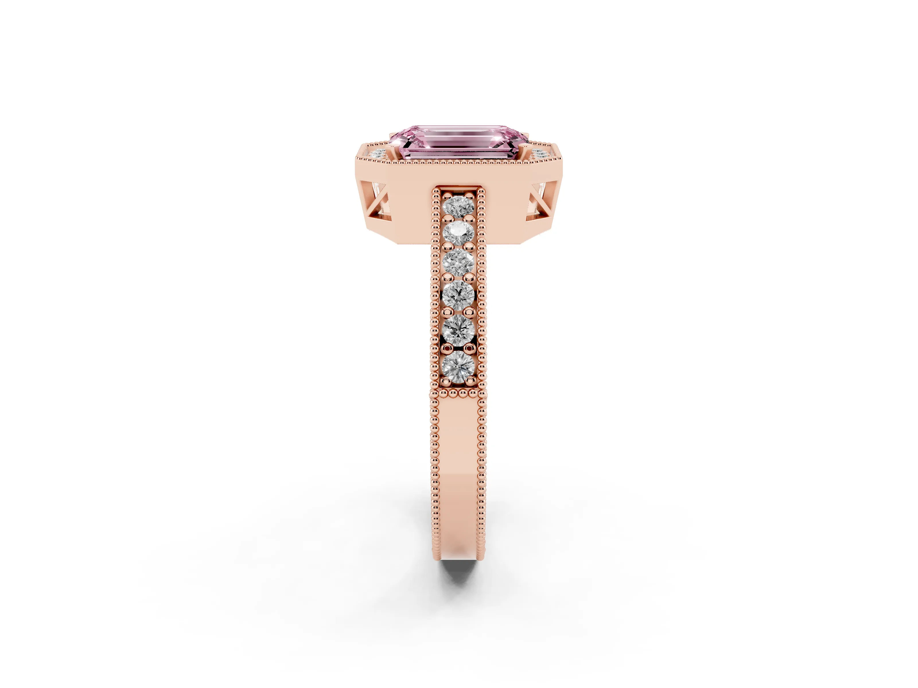 Fancy Pink Emerald Cut Diamond Halo Pavé Band Ring Set in Rose gold with Prong-Set Center
