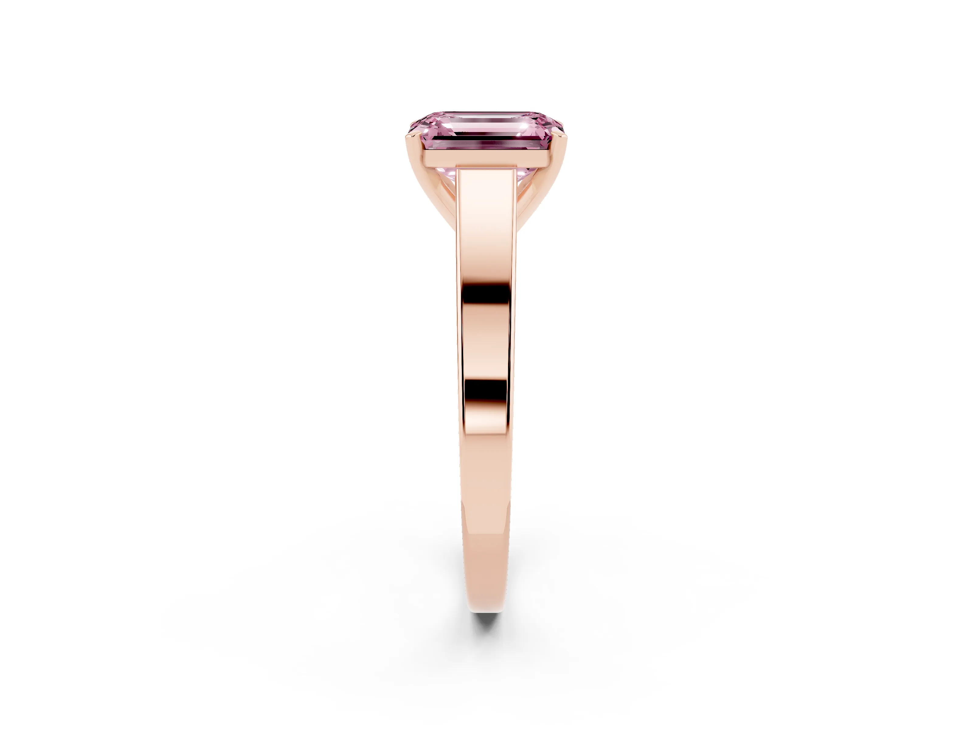 Fancy Pink Emerald Cut Diamond Solitaire Engagement Ring Set in Rose gold with Prong Setting and Tapered Band