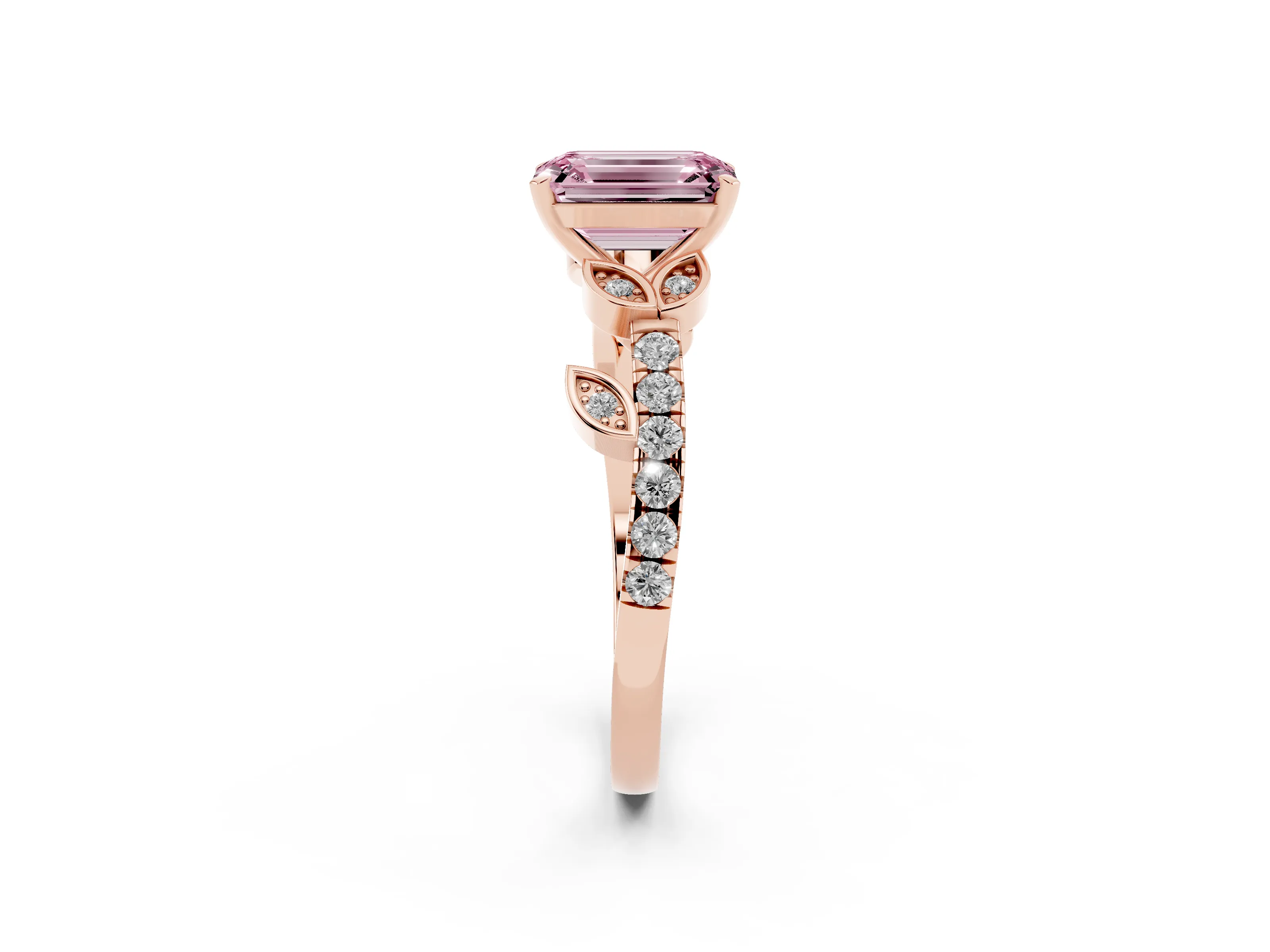 Fancy Pink Emerald Cut Diamond Solitaire Leaf-Inspired Ring Set in Rose gold with Pavé Band and Prong Setting