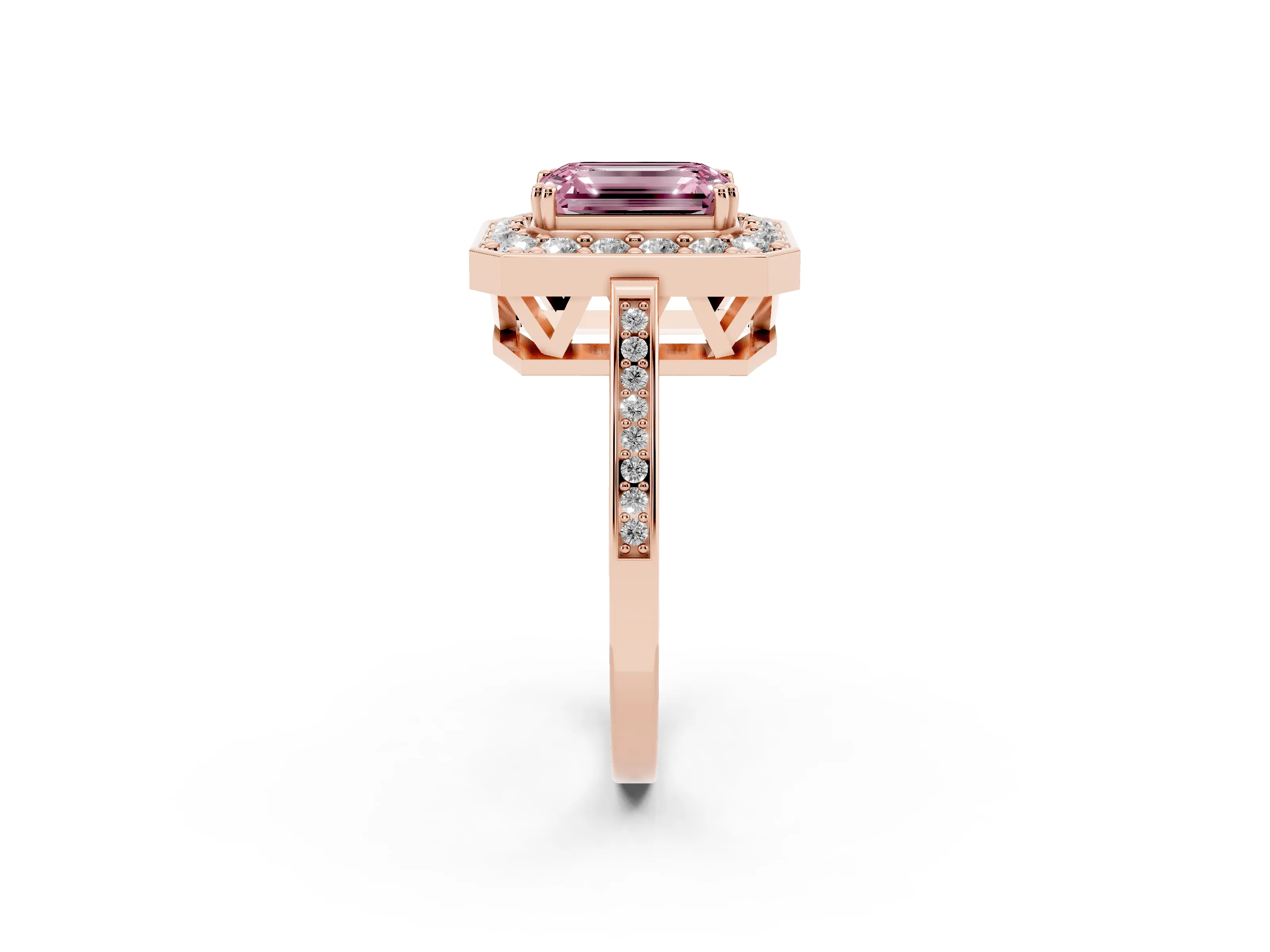 Fancy Pink Emerald Cut Diamond Halo Ring Set in Rose gold with Accent-Lined Split Shank and Prong Setting