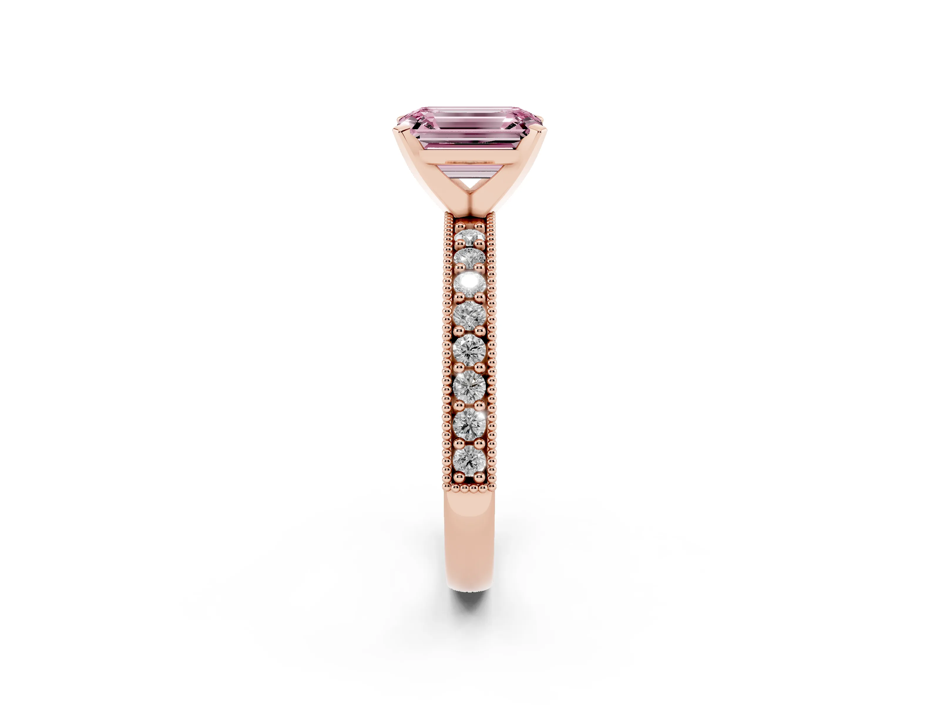 Fancy Pink Emerald Cut Diamond Milgrain Pavé Engagement Ring Set in Rose gold with Prong Setting