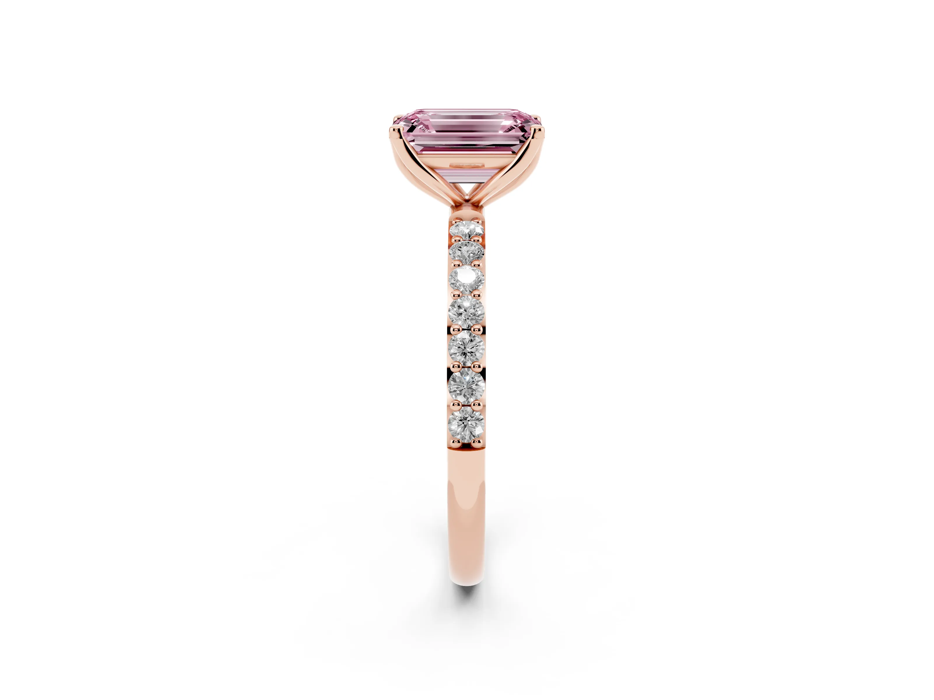 Fancy Pink Emerald Cut Diamond Solitaire Engagement Ring Set in Rose gold with Round Pavé Band and Prong Setting