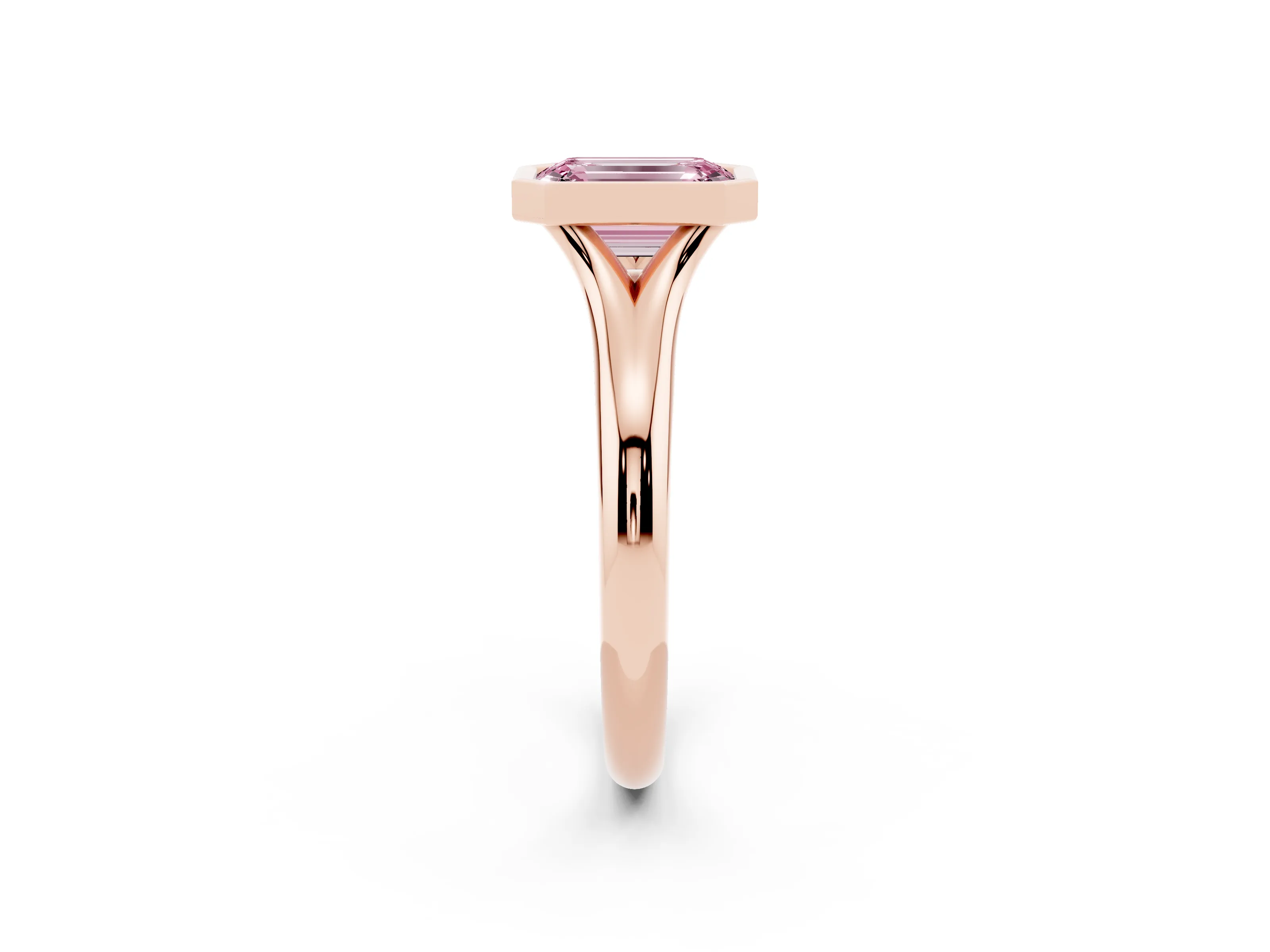 Fancy Pink Bezel Set Emerald Cut Diamond Solitaire Ring Set in Rose gold with Smooth Band