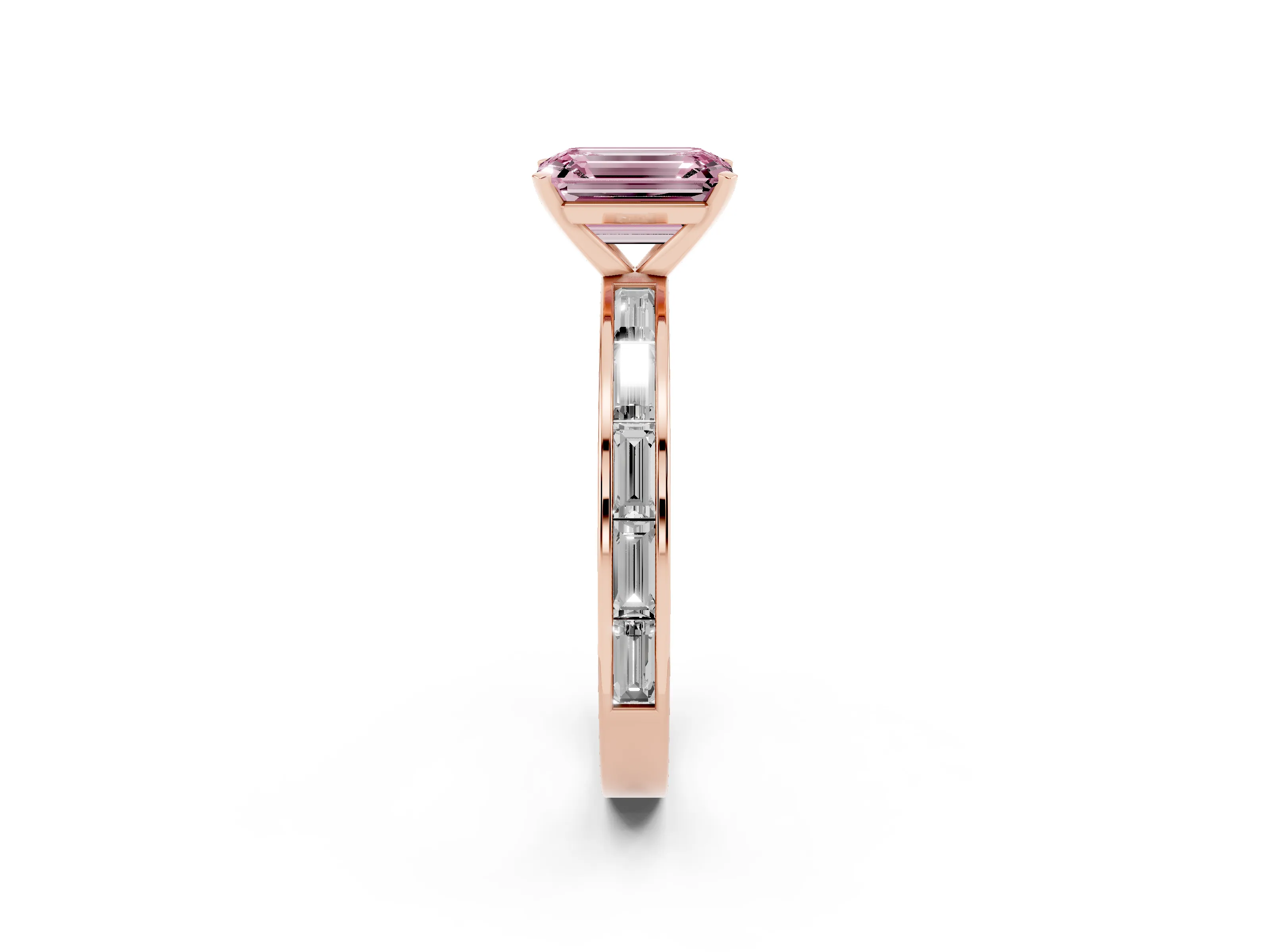Fancy Pink Emerald Cut Diamond Solitaire Ring Set in Rose gold with Channel-Set Baguette Band and Prong Setting