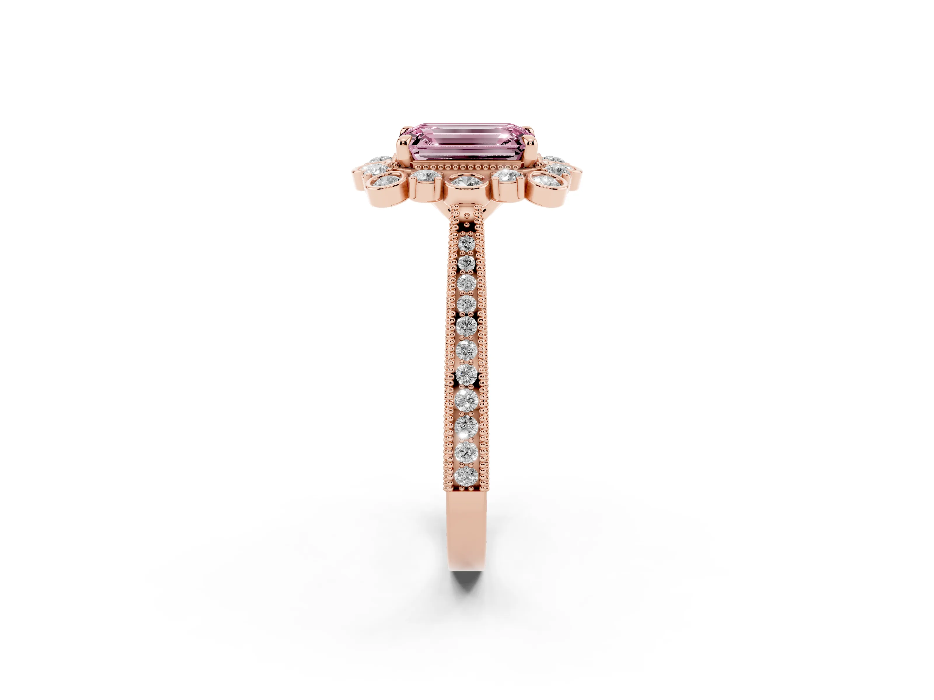 Fancy Pink Emerald Cut Diamond Halo Milgrain Pavé Ring Set in Rose gold with Prong Setting