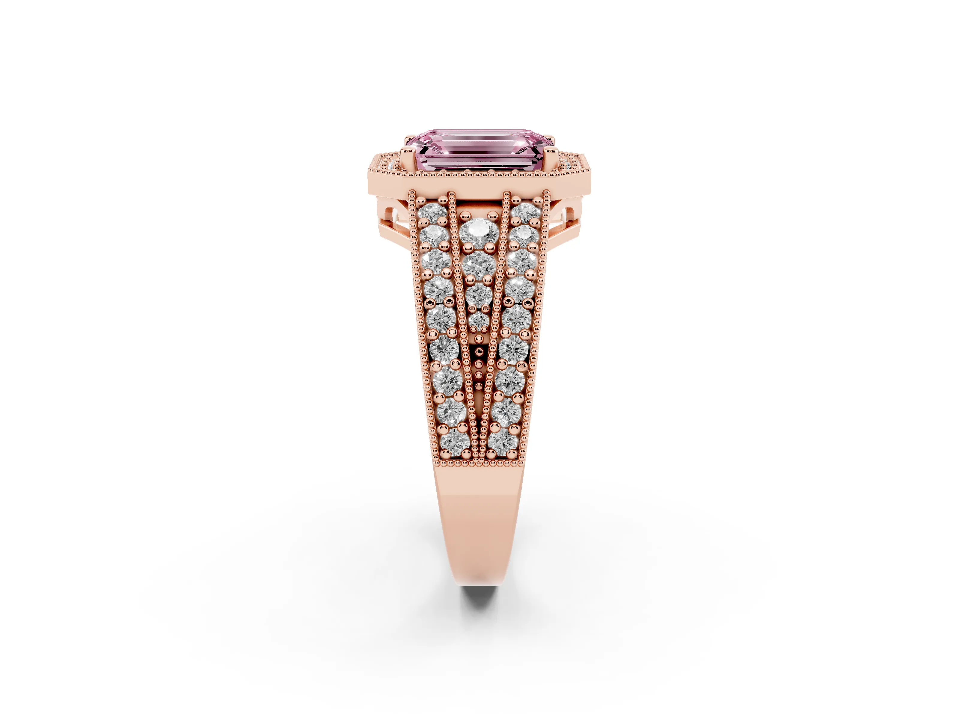 Fancy Pink Emerald Cut Diamond Halo Ring Set in Rose gold with Accent Split Shank and Prong Setting