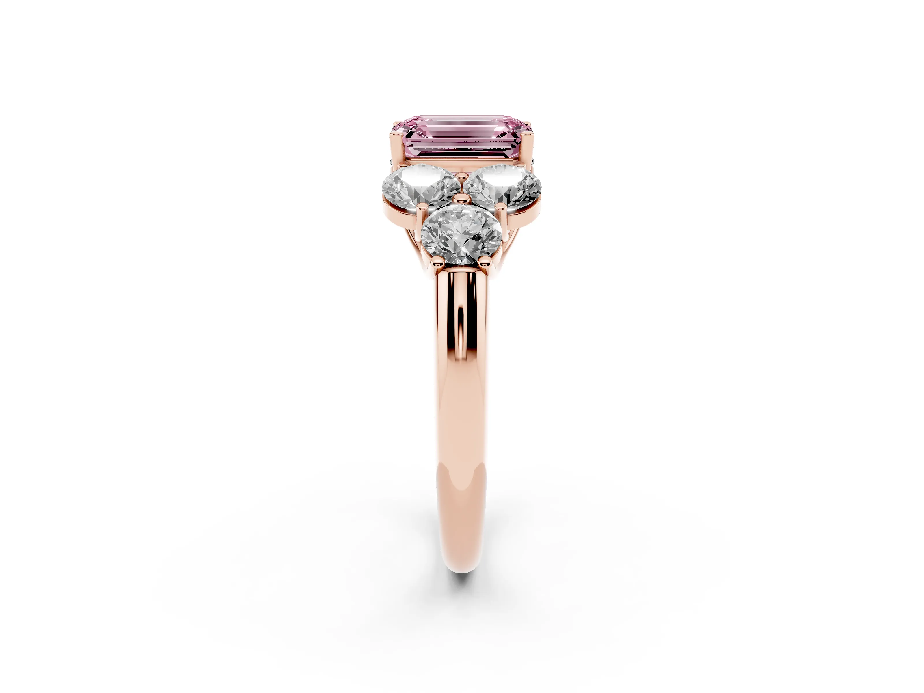 Fancy Pink Emerald Cut Diamond Cluster Ring Set in Rose gold with Round Accent Stones and Prong Setting on a Plain Band
