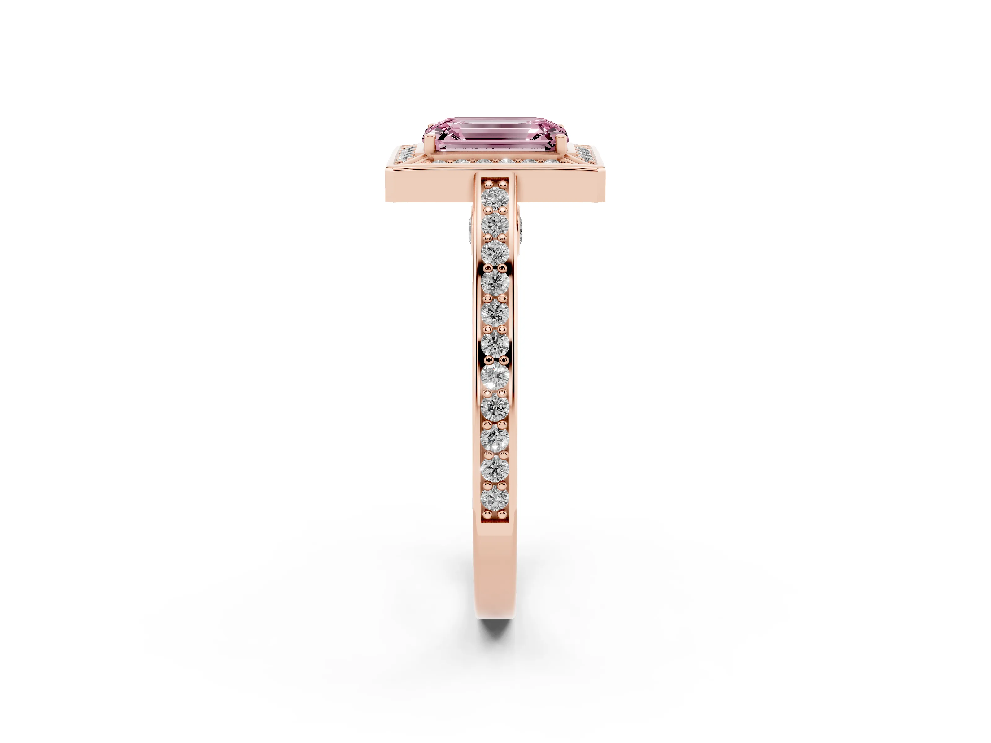 Fancy Pink Emerald Cut Diamond Halo Pavé Split Shank Ring Set in Rose gold with Prong Setting