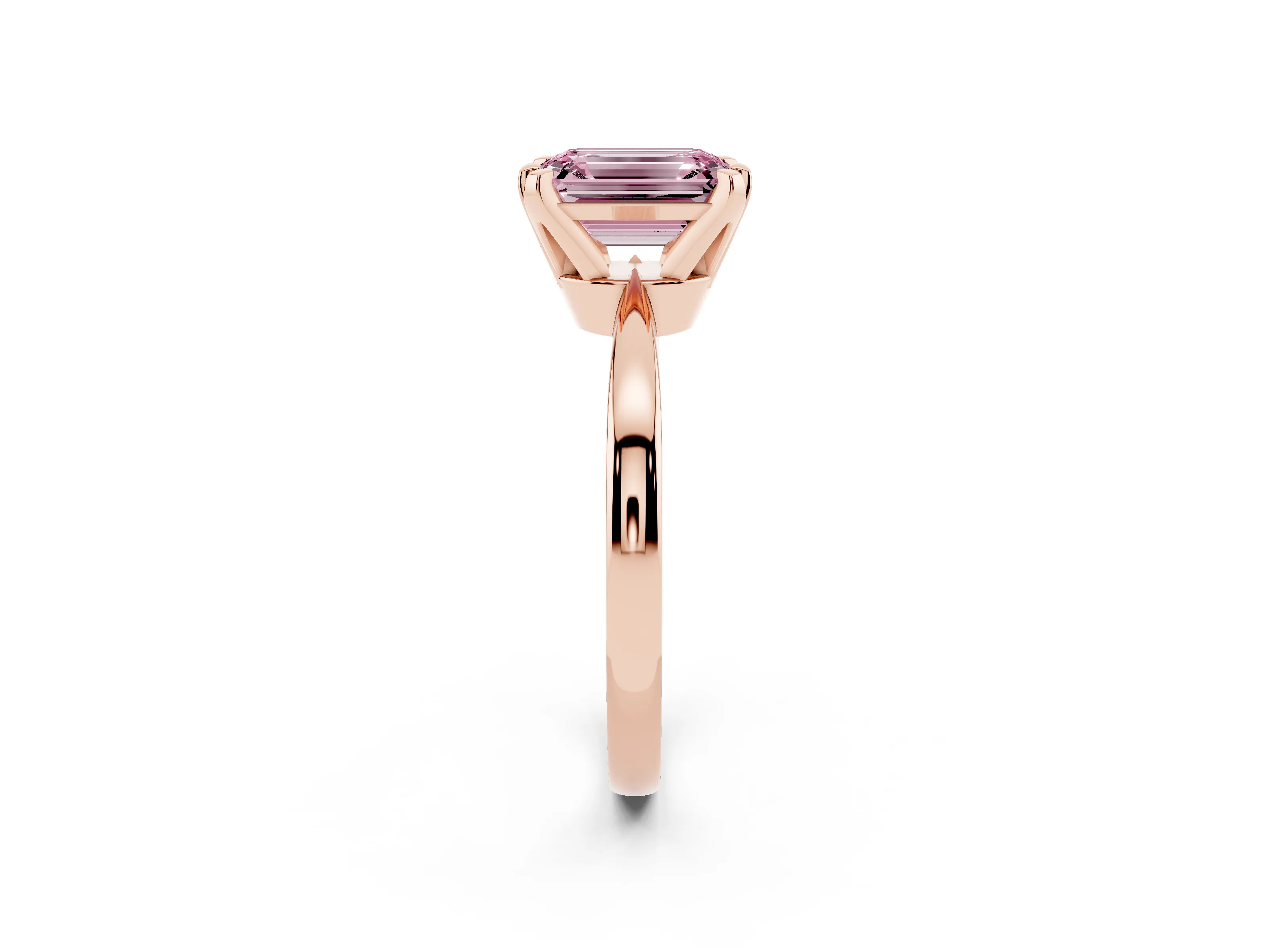 Fancy Pink Emerald Cut Diamond Solitaire Engagement Ring Set in Rose gold with Slim Tapered Solitaire Band