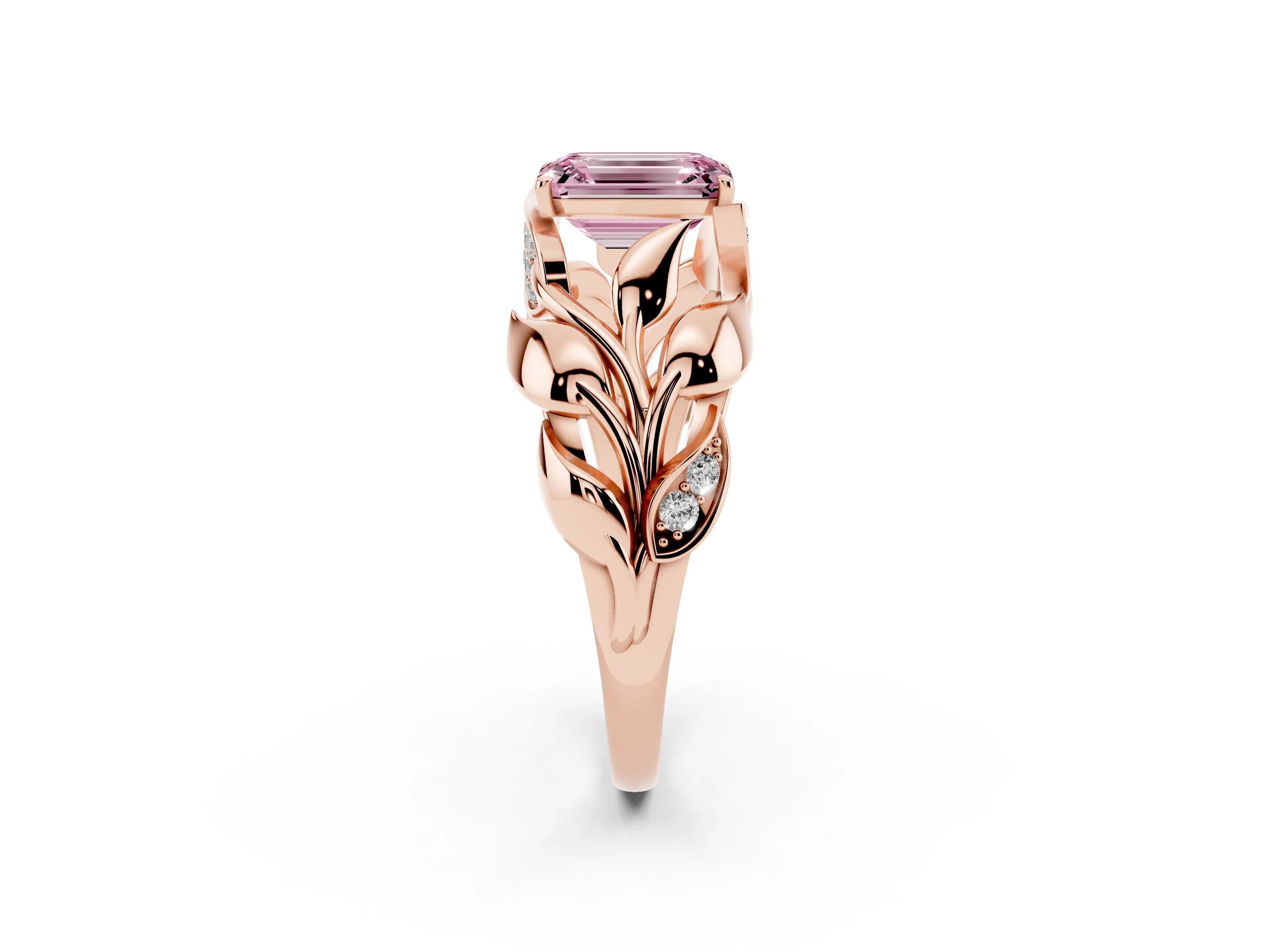 Fancy Pink Emerald Cut Diamond Leaf-Inspired Engagement Ring Set in Rose gold with Round Accents