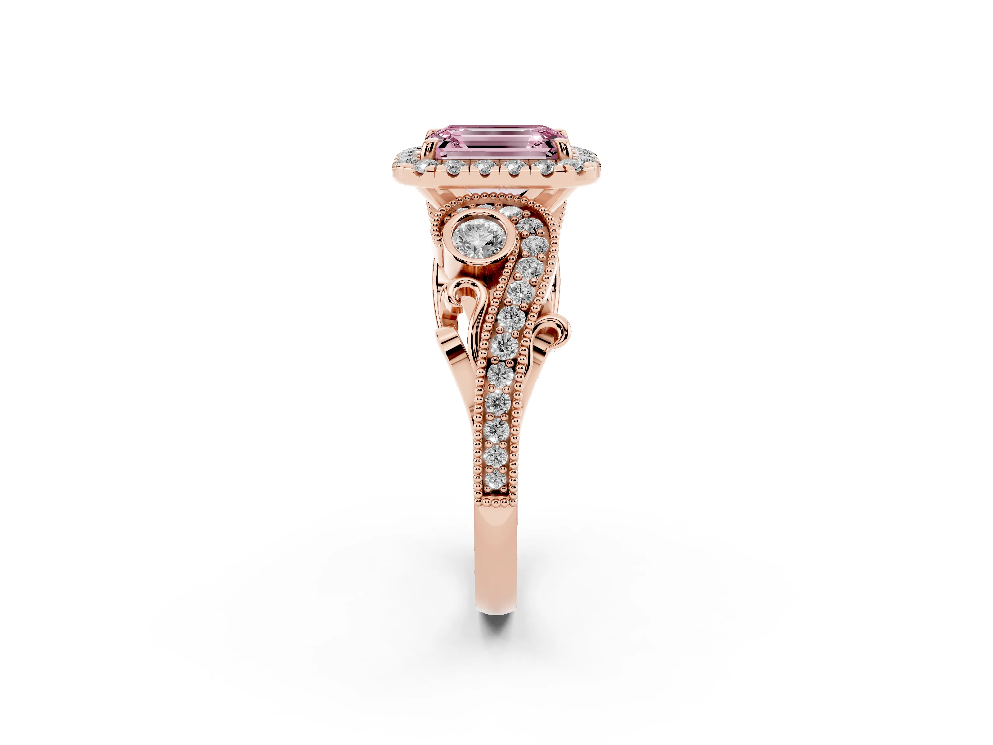 Fancy Pink Emerald Cut Diamond Halo Ring Set in Rose gold with Milgrain Pavé Band and Prong Setting