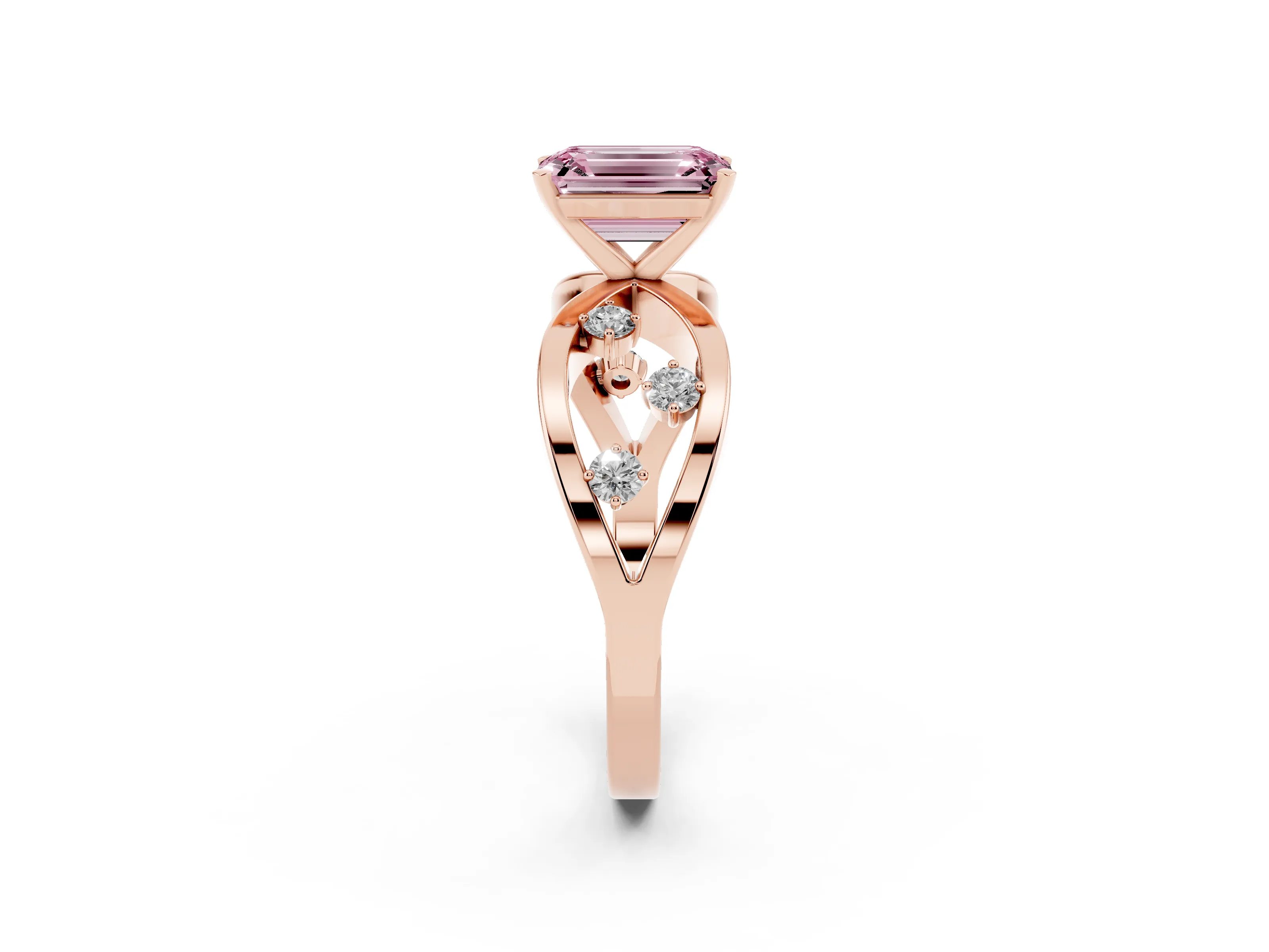 Fancy Pink Emerald Cut Diamond Solitaire Ring Set in Rose gold with Side Stones on Criss-Cross Band and Prong Setting