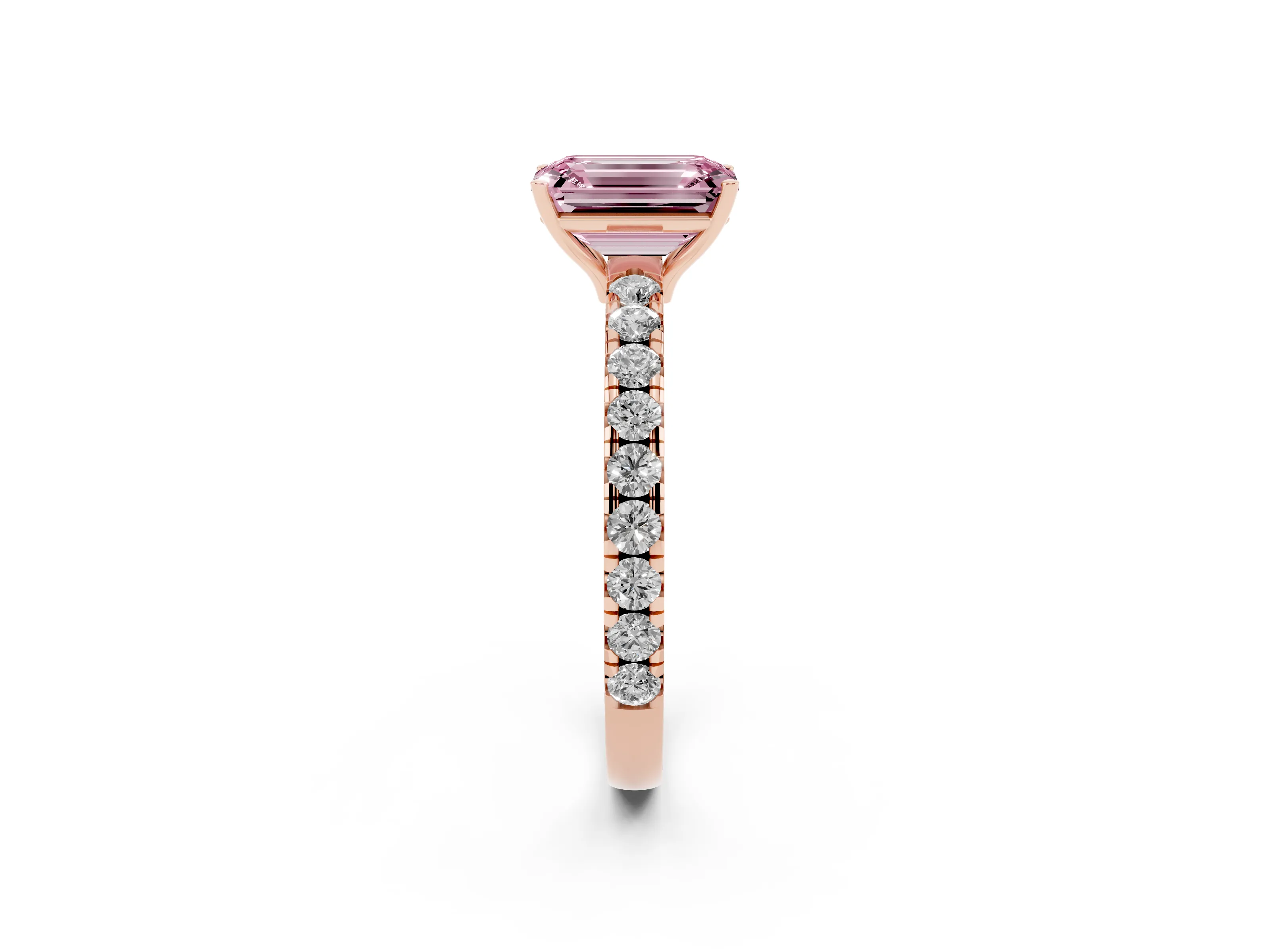 Fancy Pink Emerald Cut Diamond Pavé Solitaire Engagement Ring Set in Rose gold with Prong Setting