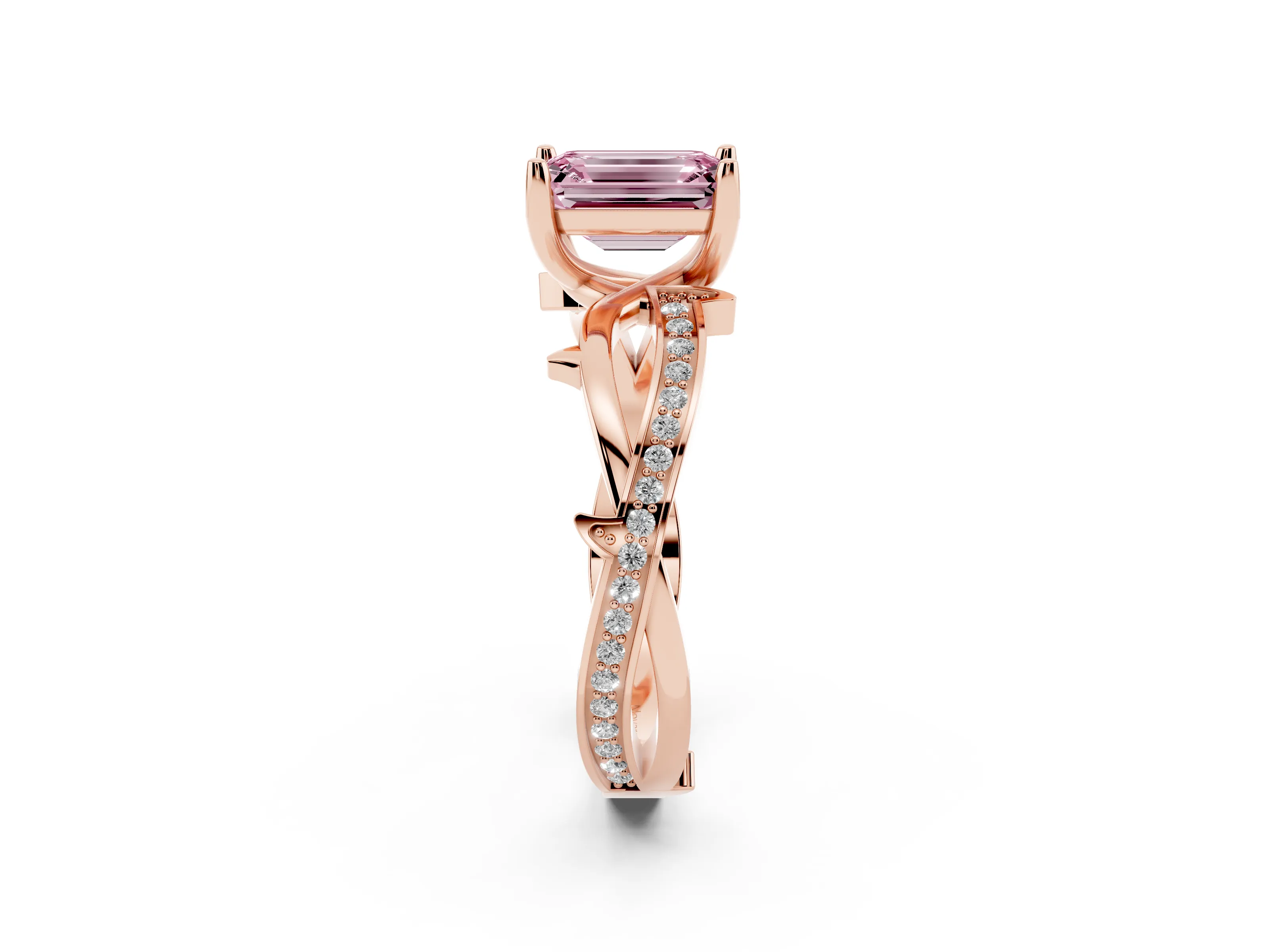 Fancy Pink Emerald Cut Diamond Pavé Twist Band Solitaire Ring Set in Rose gold with Prong Setting