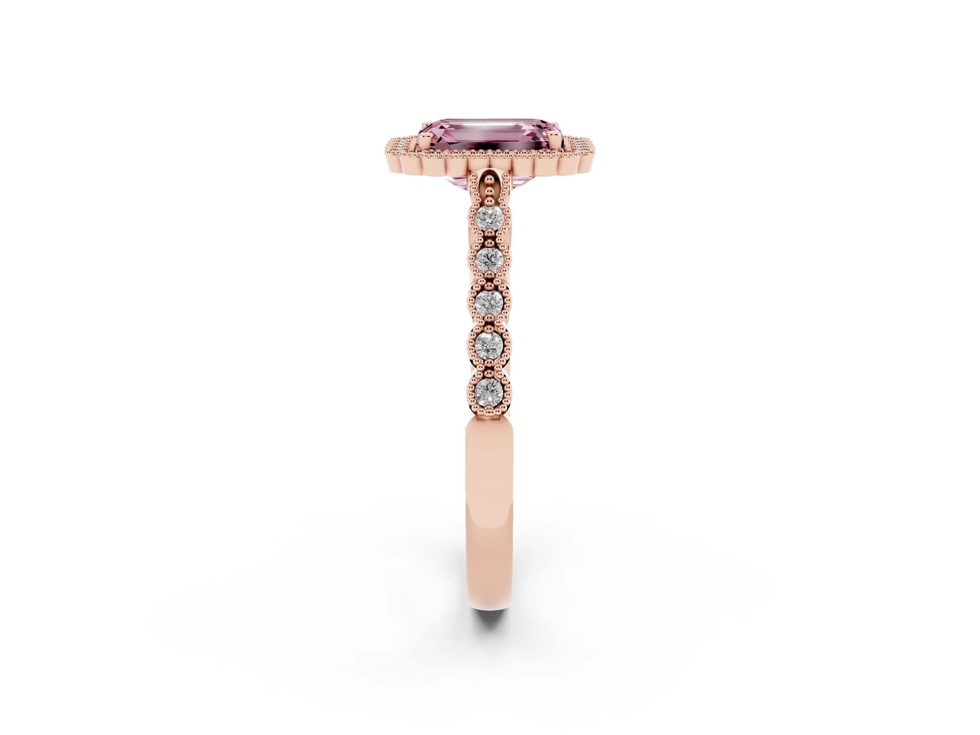 Fancy Pink Emerald Cut Diamond Halo Ring Set in Rose gold with Pavé Milgrain Band
