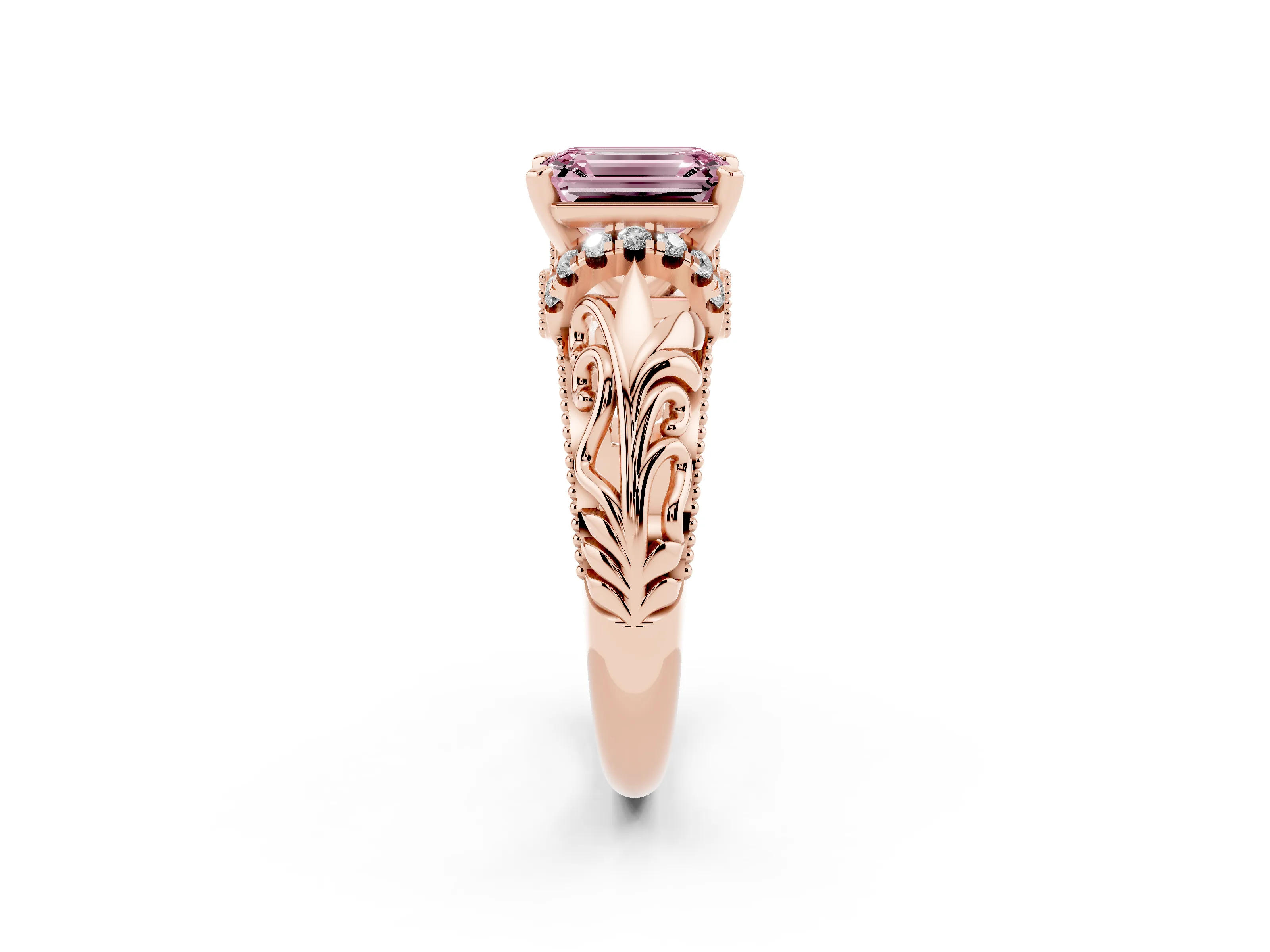 Fancy Pink Emerald Cut Diamond Filigree Halo Engagement Ring Set in Rose gold with Prong Setting