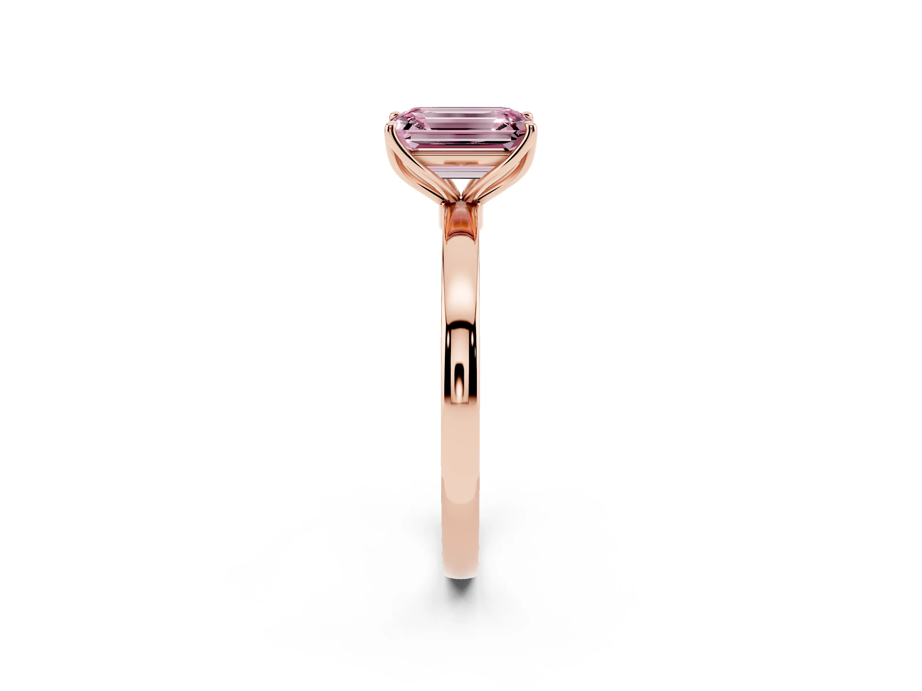 Fancy Pink Emerald Cut Diamond Solitaire Ring Set in Rose gold with Prong Setting and Thin Polished Band