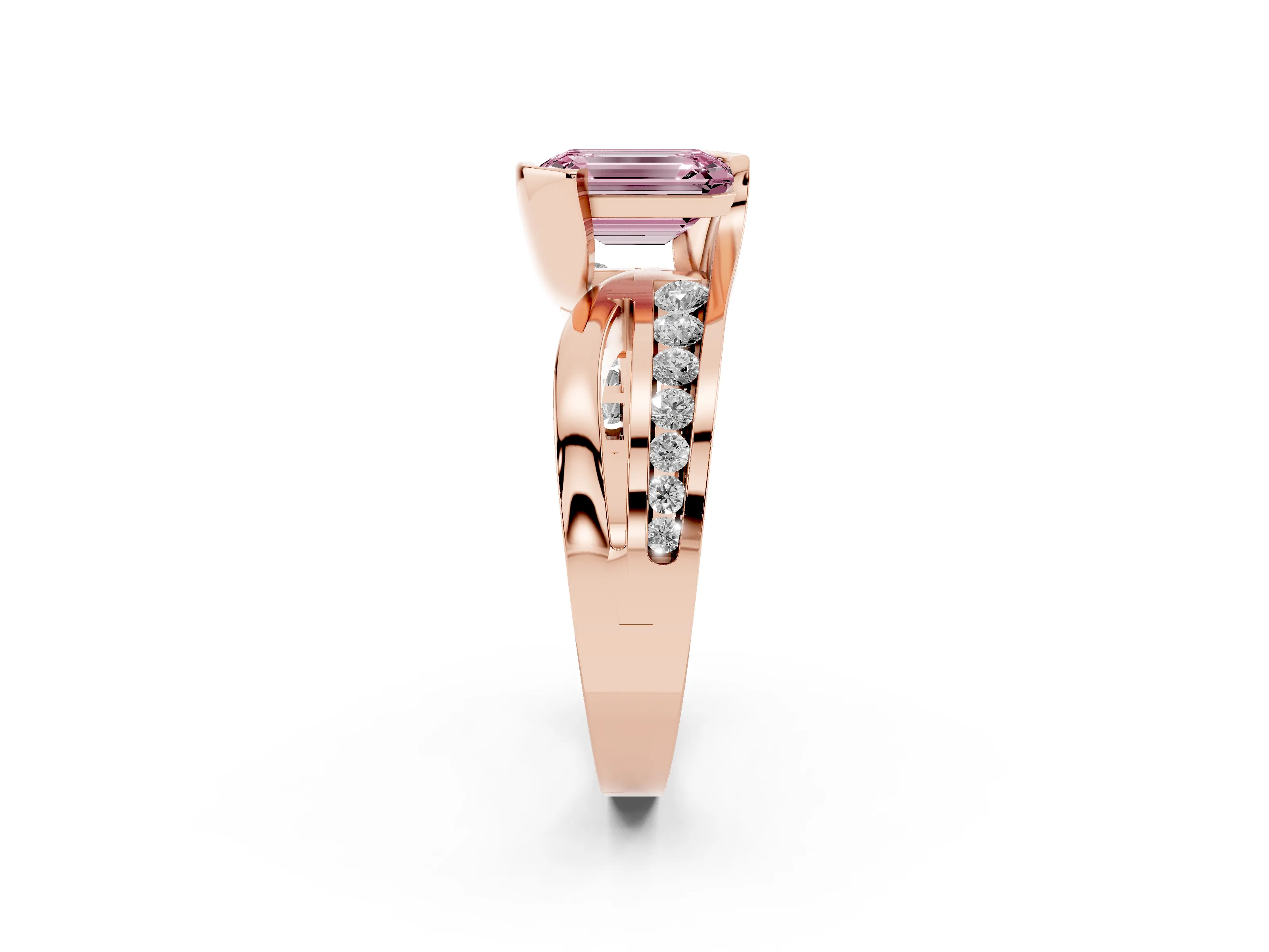 Fancy Pink Emerald Cut Diamond Solitaire Ring Set in Rose gold with Channel Set Split Shank and Tension Prongs