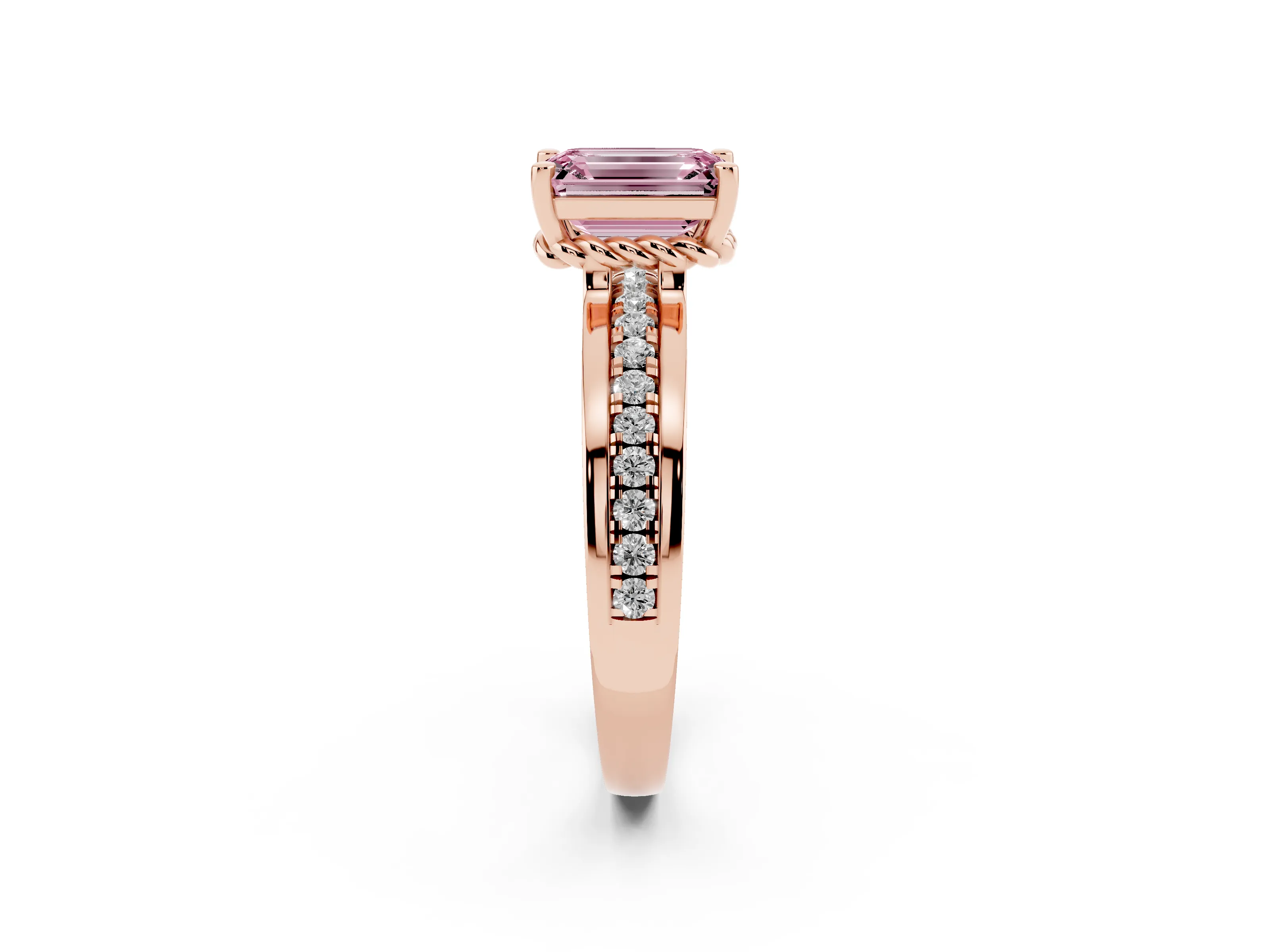 Fancy Pink Emerald Cut Diamond Solitaire Ring Set in Rose gold with Channel Set Band and Prong Setting