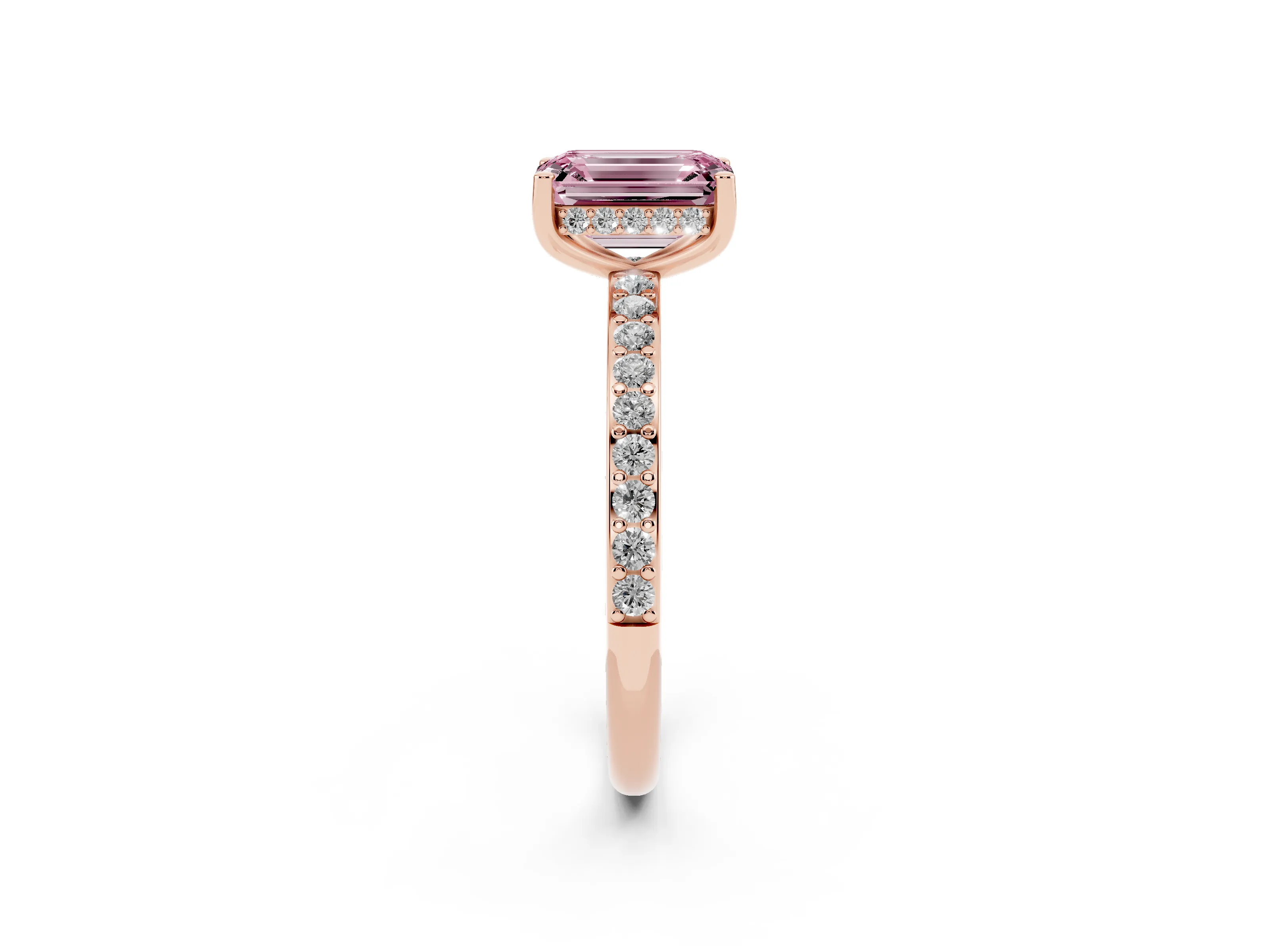 Fancy Pink Emerald Cut Diamond Pavé Band Ring Set in Rose gold with Prong-Set Center Stone