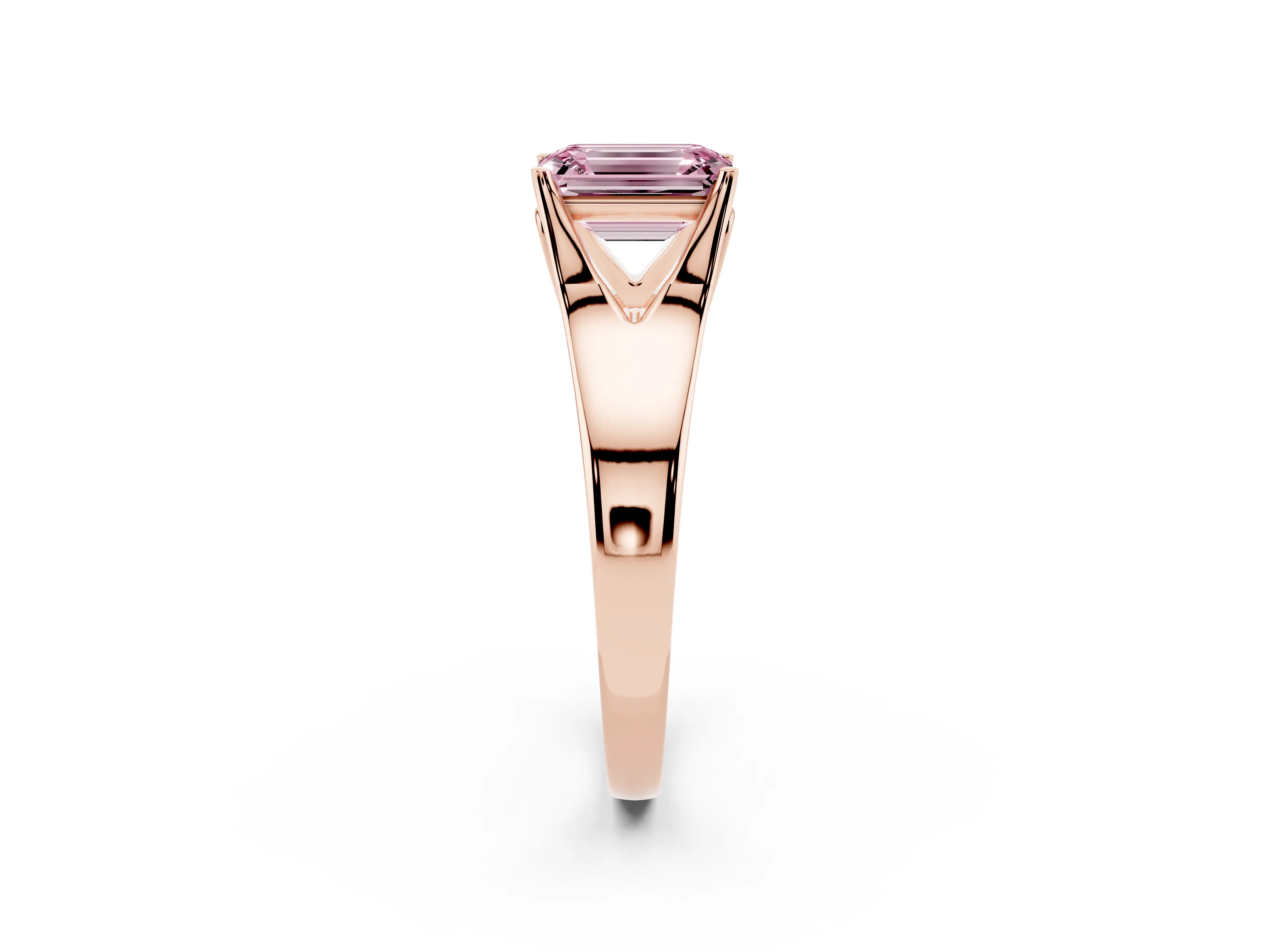 Fancy Pink Emerald Cut Diamond Solitaire Ring Set in Rose gold with Arched Cathedral Band and Prong Setting