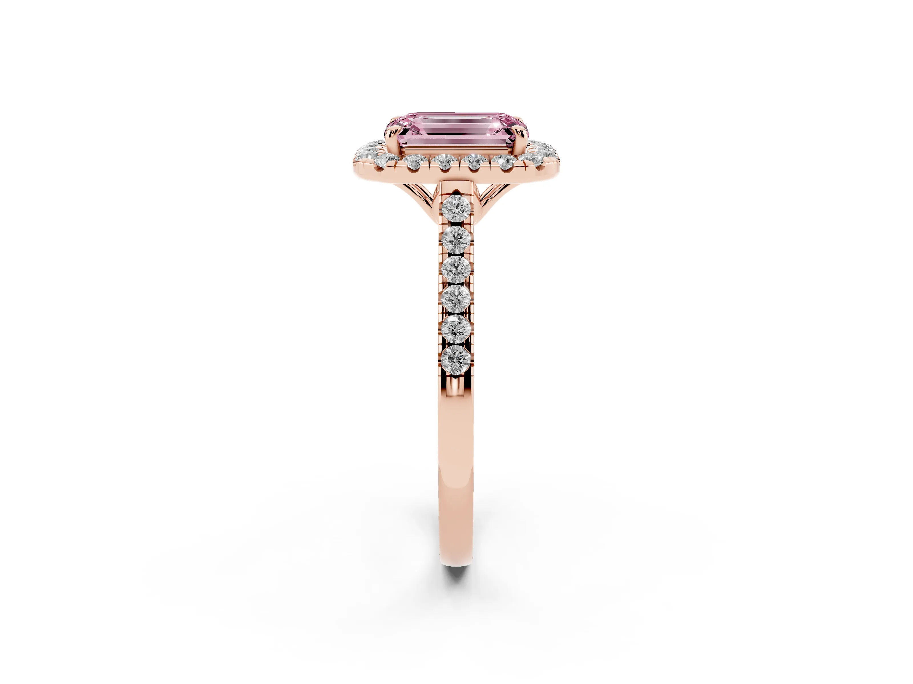Fancy Pink Emerald Cut Diamond Pavé Halo Engagement Ring Set in Rose gold with Pavé Band and Prong Setting