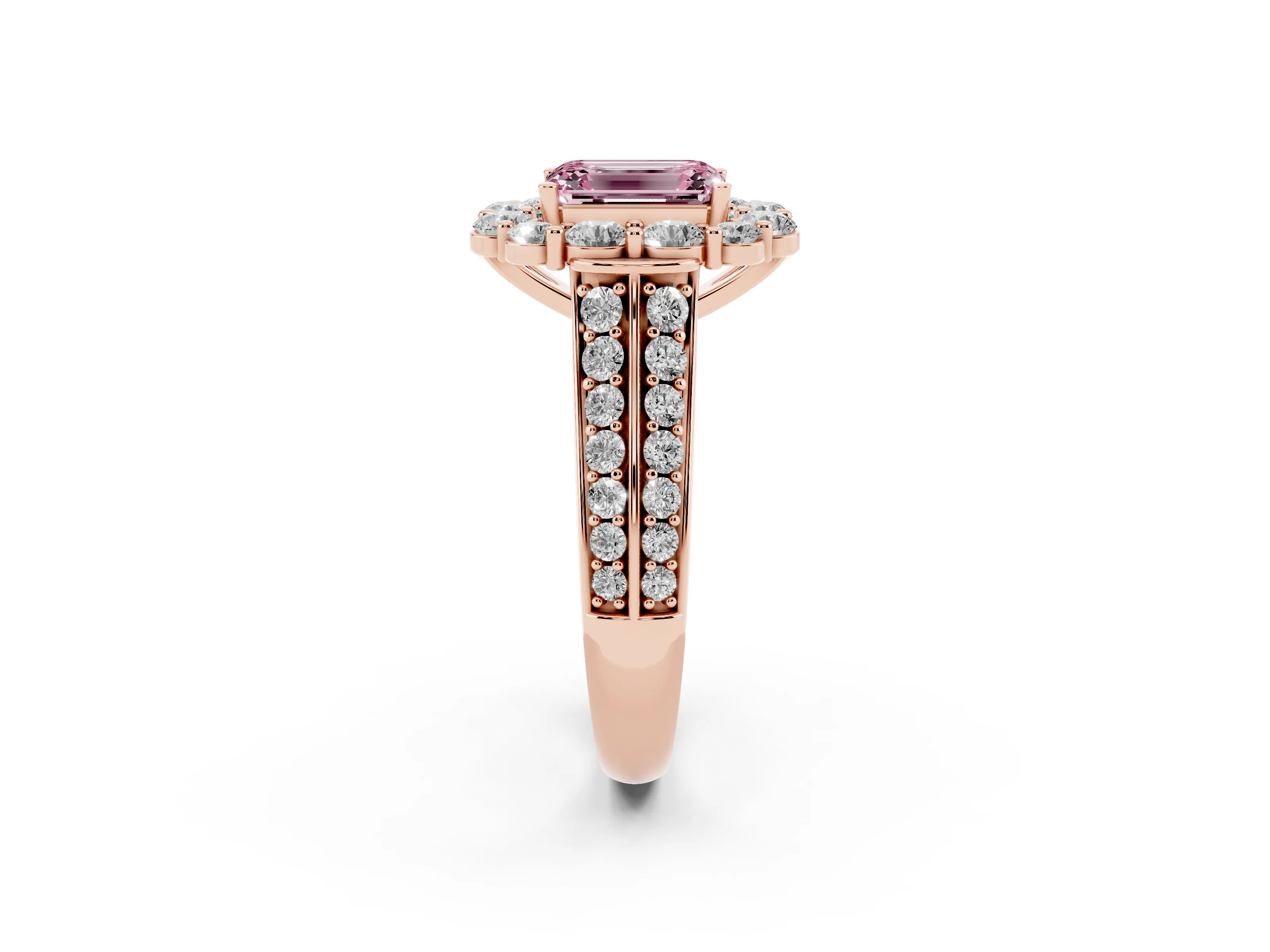 Fancy Pink Emerald Cut Diamond Halo Engagement Ring Set in Rose gold with Split Shank and Prong Setting